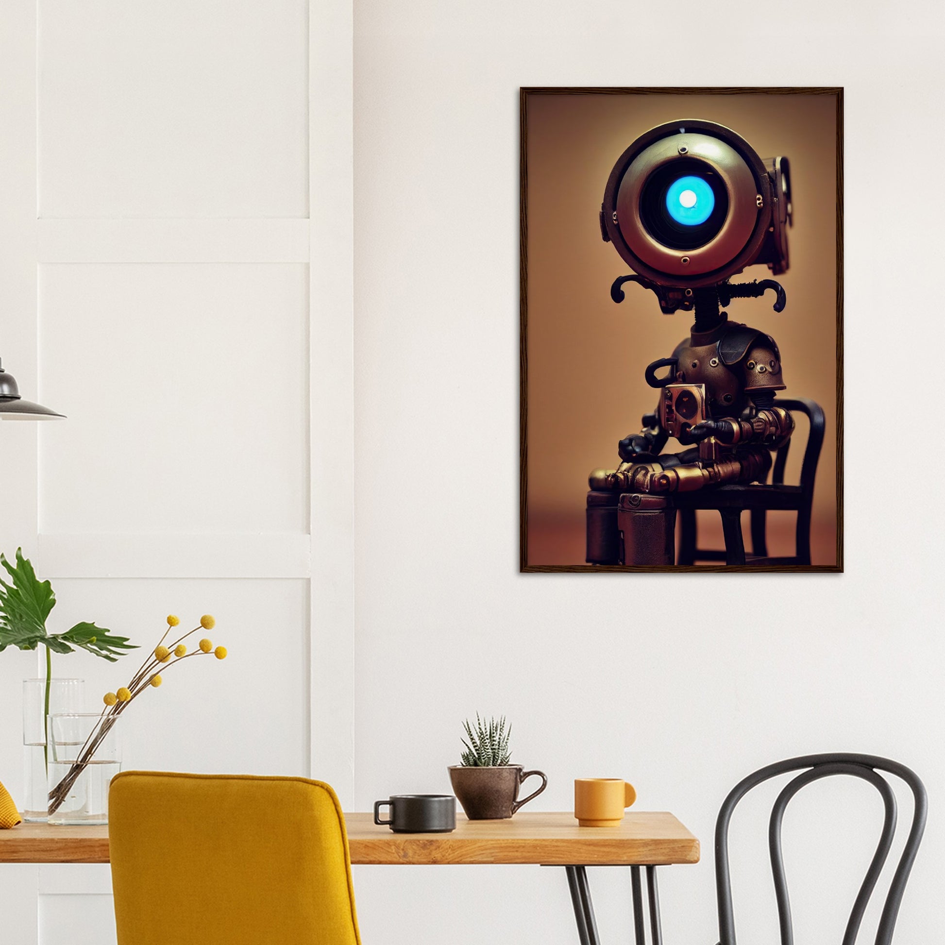 Poster mit Rahmen (Holz) - Museumsqualität -  Tiny robot with coffee - "Bobby" - Wandkunst - Papierdicke: 250g/qm - Customizable Coffee Cup - Personalized Gifts - Kunstdruck - Kleine Roboter - Acryldruck - Little Robots - Personalized Gifts - Tiny  - Steampunk - zukunft - Poster with frame - Kunstwerk - Office Poster - Poster mit Rahmen - Kaffee Tasse - Poster - Bedruckte Tassen - Kunst Marke - Art Brand - Wandbild - Kunstdrucke - Künstler: John Grayst & Pixelboys - emotional robots - Geschenkidee -