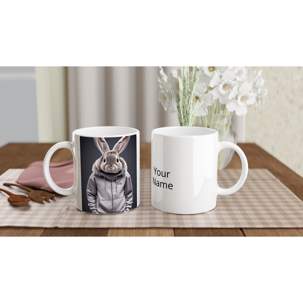 Personalisierte Tasse - Bunny in grey Tracksuit - "Titus" - Fashion Gang - Becher - Ostern - Geschenkidee - Osterhase - Bunny Crew: "Titus" - "Caesar" - "Constantin" - "Cleo" - Weisser Hase - Easter Bunny - Cute - grey tracksuit - sweats - Alice's Adventures in Wonderland - Modemarke - Pixelboys Brand - Constantin der Hase - Hase - Kaninchen  - Künstler: "Pixelboys" - Atelier - Germany - Berlin - Hamburg - Colgne - France - Paris - Italy - Rom - USA - America - New York City - Los Angeles - Chicago - 