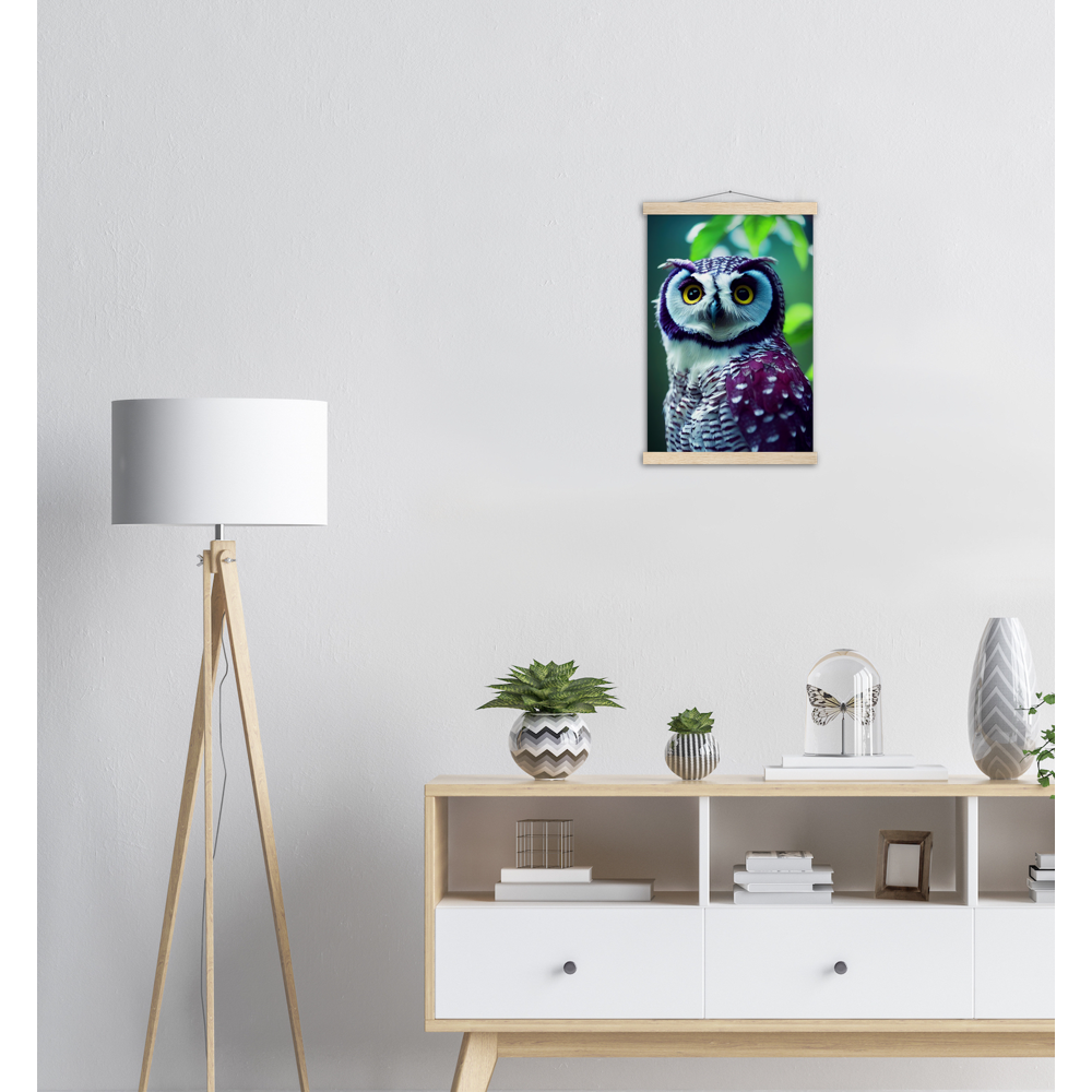 Poster mit Leisten (Holz) - Fruit Owl No.5 - "Sini", the bluberry owl - Wandkunst - Kunstdruck - Heidelbeereule - (lat. bubo vaccinium) - Teebecher - Heidelbeere Eule - Fruchteulen - blueberry owl- Vogel - Uhu - Bird - Strigiformes - Noctua - Ornithologie - Kunstwerk  - Office Poster - Poster mit Rahmen - Kaffee Tasse - Poster mit Leisten - Bedruckte Tassen - Kunst Marke - Art Brand - Acryldruck - Wandbild - Kunstdrucke - Papier: 250g/qm - Künstler: John Grayst & Pixelboys - Eulen - Owl - Geschenkidee - 