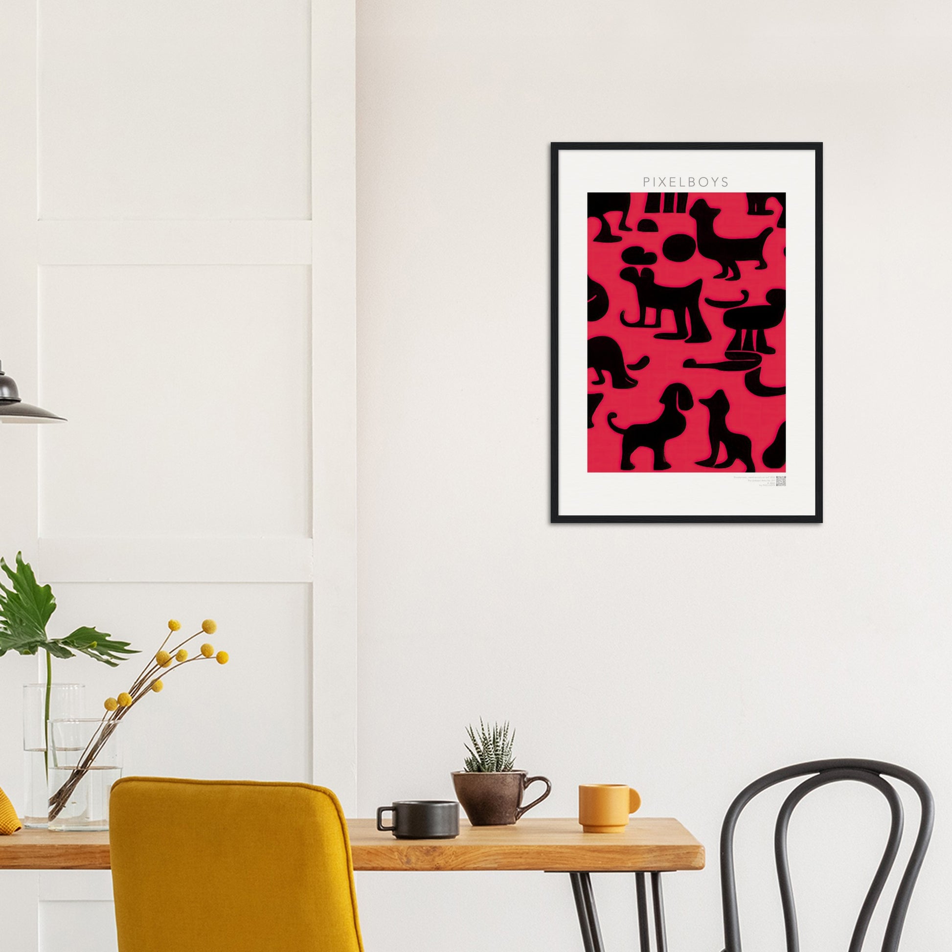 Poster mit Rahmen (Holz) - in Museumsqualität - Doodlemania "weird animals on red"- No.2 - Hunde - Katzen - Doodle Kunst - dogs - Cats - gastro - Poster mit Rahmen - doodle artwork - Acrylbild - Kunstdruck - Wandbild - office Poster - Poster with frame -  Künstler: Pixelboys & The Unknown Artist Nb.517 - keith haring - anti stress art - Gastro Art -Art Brand - 