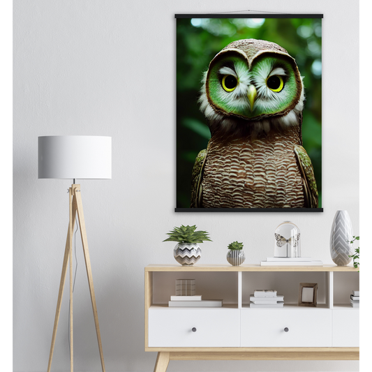 Poster mit Leisten (Holz) - Fruit Owl No. 4 - "Kiki", the Kiwi Owl - Wandkunst - Kunstdruck - (lat. tyto actinidia) - Kiwi Eule - Kiwi Owl - Fruchteulen - Vogel - Bird - Strigiformes - Noctua - Ornithologie - Kunstwerk  - Office Poster - Poster mit Rahmen - Kaffee Tasse - Poster mit Leisten - Bedruckte Tassen - Kunst Marke - Art Brand - Acryldruck - Wandbild - Kunstdrucke - Papier: 250g/qm - Künstler: John Grayst & Pixelboys - Eulen - Owl - Geschenkidee - 