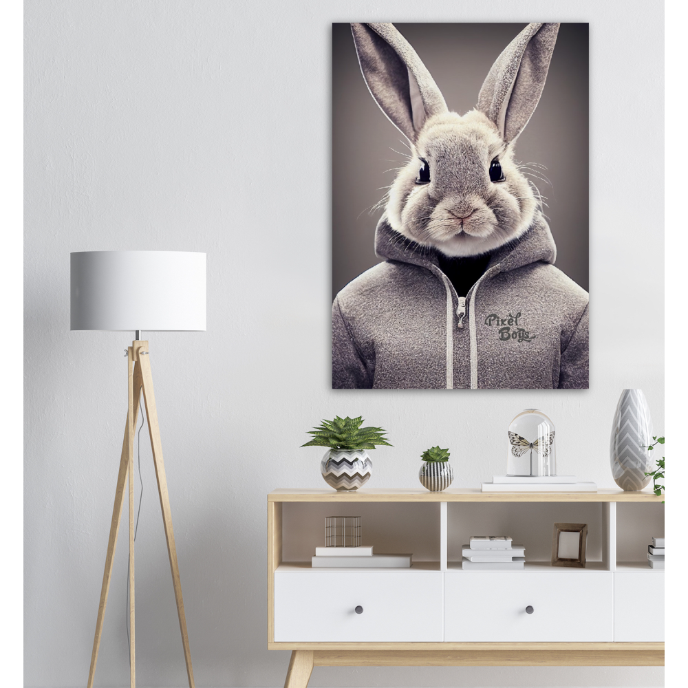 Poster in Museumsqualität - Bunny in grey Hoodie - "Constantin" - Fashion Gang - Wandbild - Ostern - Geschenkidee - Osterhase - Bunny Crew: "Constantin" - "Caesar" - "Titus" - "Cleo" - Weisser Hase - Easter Bunny - Cute - grey Hoodie - sweats - Alice's Adventures in Wonderland - Modemarke - Pixelboys Brand - Constantin der Hase - Hase - Kaninchen  - Künstler: "Pixelboys" - Atelier - Germany - Berlin - Hamburg - Colgne - France - Paris - Italy - Rom - USA - America - New York City - Los Angeles - Chicago - 