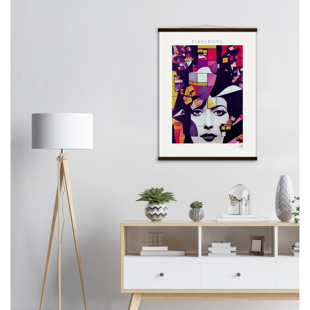 Poster mit Leisten (Holz) - The Queen No.1 - HRH in cubes - Kunstdruck - Queen Elisabeth II - Monarch - HRH - His/Her Royal Highness - Groß Britannien - Commonwealth - The Royal Family - Wandbild - Kubismus - synthetischen Kubismus - Georges Braque - Künstler: "John Grayst" - Atelier - UK - GB - London - 