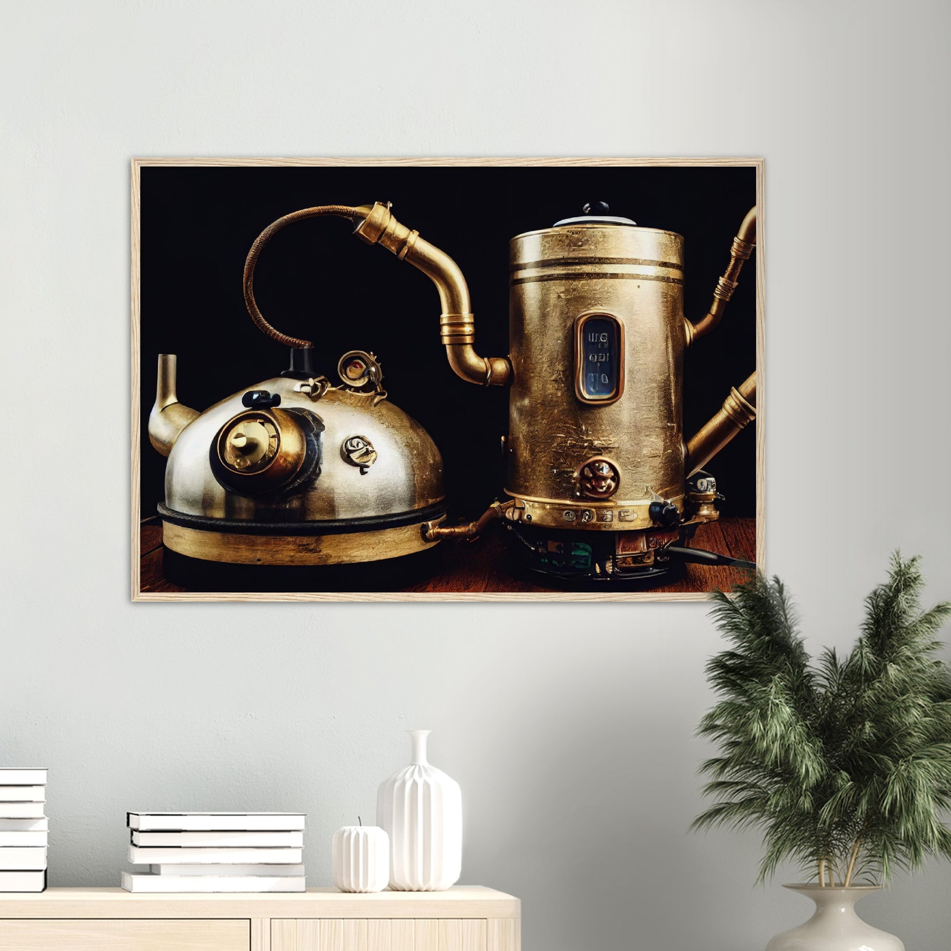 Poster mit Rahmen (Holz) in Museumsqualität - Steampunk - Coffee Maker - No.3 - Collection Cup - Pixelboys - Wandbild - Kunstwerk - Hotelkunst - Kunst auf Postern - Fine Art - Steampunk - Future - Maschine - Poster with frame - Office Poster - Art Brand - Pixelboys - Coffee House - Restaurant Poster - Wall Art - Kunstdruck - Geschenkidee - Kunst auf Acrylglas - Future Coffee Cup - Personalisierbare Tasse - Gastro Tasse - exklusiv - Gastronomie Poster - Hotelposter - Steam Punk Kitchen - 