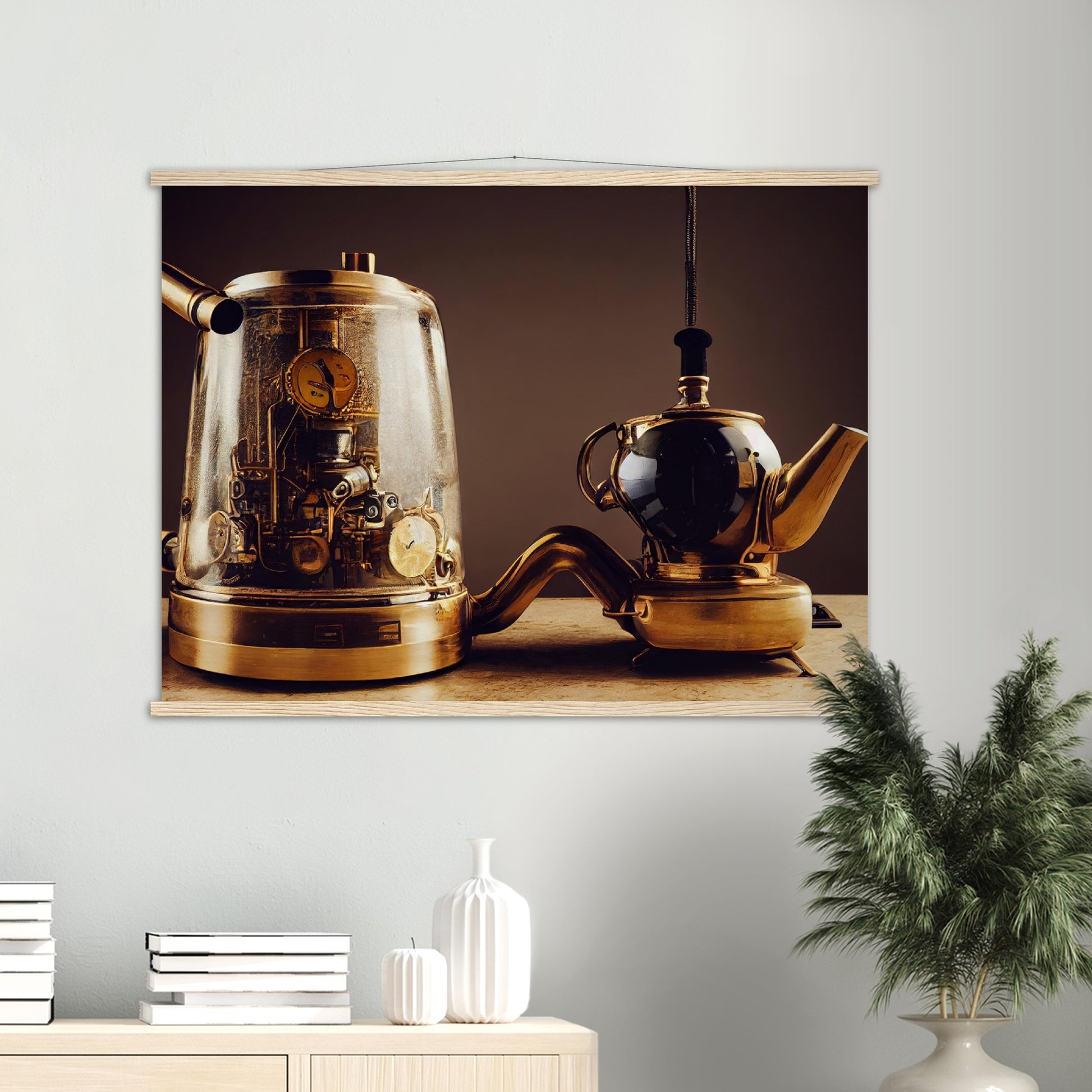 Poster mit Leisten (Holz) - in Museumsqualität - Steampunk - Coffee Maker - No.2 - Pixelboys - Wandbild - Kunstwerk - Hotelkunst - Kunst auf Postern - Fine Art - Steampunk - Future - Maschine - Poster with frame - Office Poster - Art Brand - Pixelboys - Coffee House - Restaurant Poster - Schöner Wohnen - Dekoration - Wall Art - Kunstdruck - Geschenkidee - Kunst auf Acrylglas - Future Coffee Cup - Personalisierbare Tasse - Gastro Poster -  Gewerbliche Poster - exklusiv - Gastronomie Poster - Hotelposter -