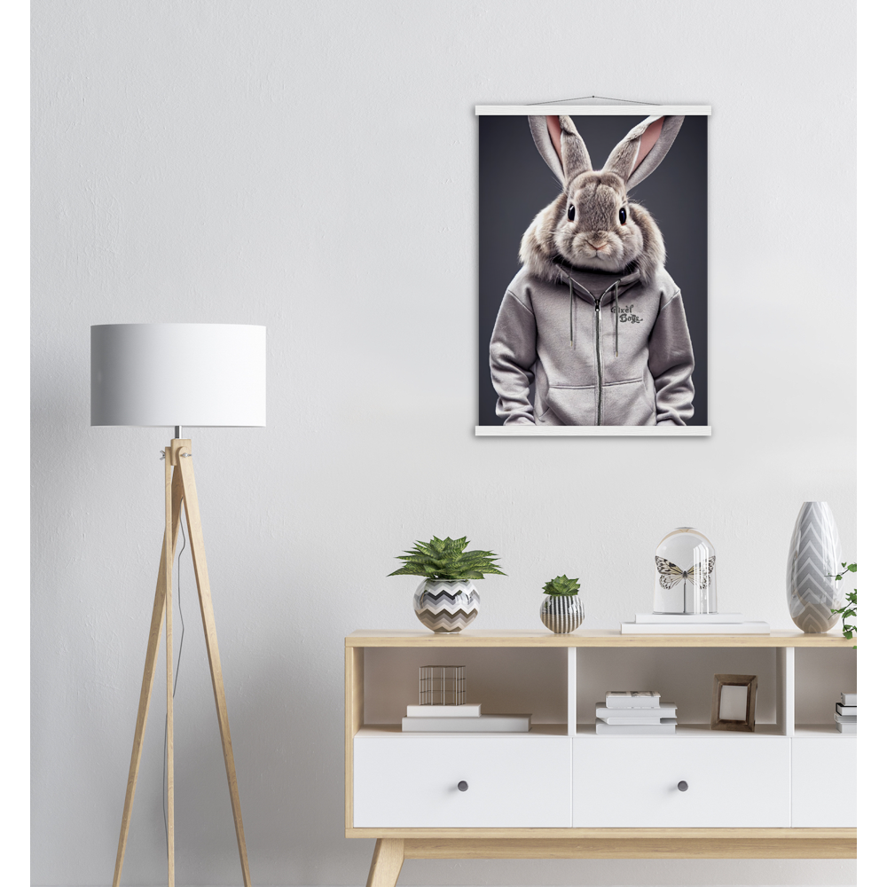 Poster mit Leisten (Holz) - Bunny in grey Tracksuit - "Titus" - Fashion Gang - Wandbild - Ostern - Geschenkidee - Osterhase - Bunny Crew: "Titus" - "Caesar" - "Constantin" - "Cleo" - Weisser Hase - Easter Bunny - Cute - grey tracksuit - sweats - Alice's Adventures in Wonderland - Modemarke - Pixelboys Brand - Constantin der Hase - Hase - Kaninchen  - Künstler: "Pixelboys" - Atelier - Germany - Berlin - Hamburg - Colgne - France - Paris - Italy - Rom - USA - America - New York City - Los Angeles - Chicago - 