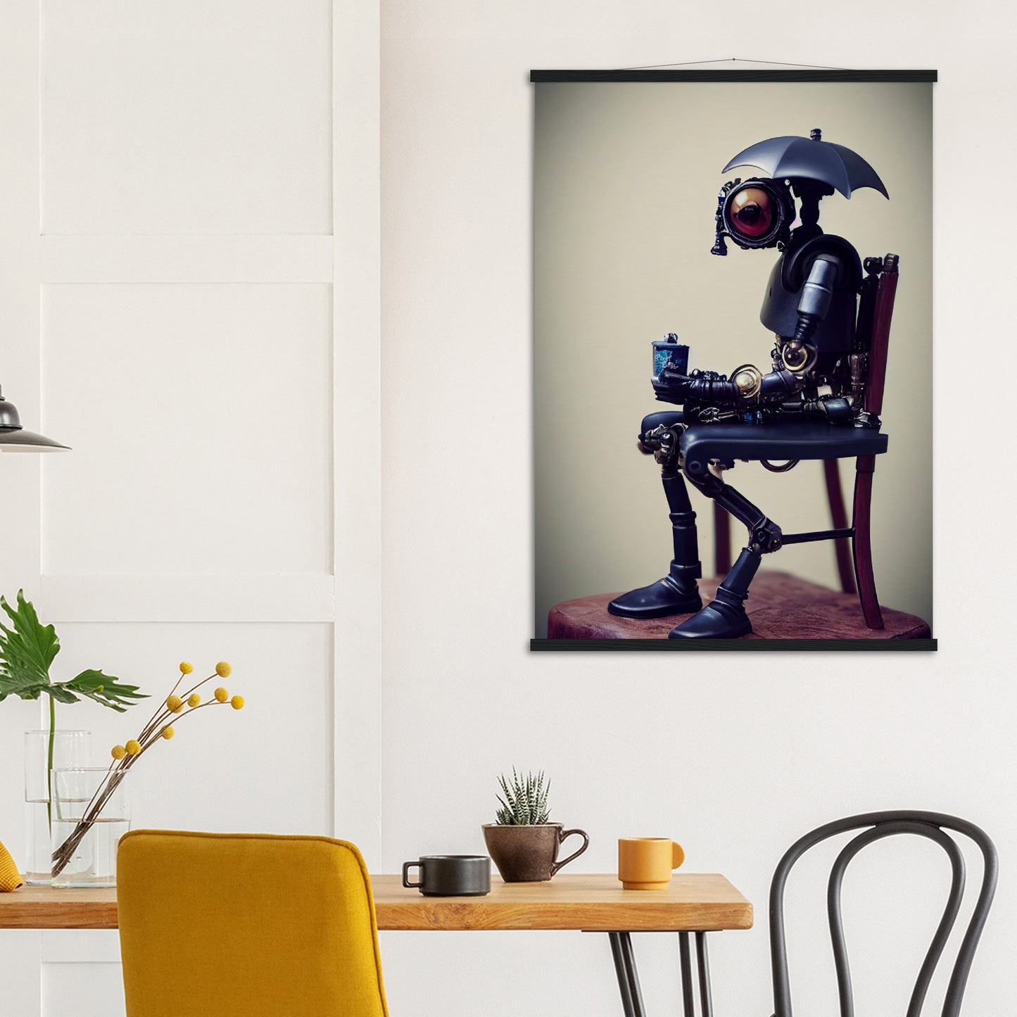  Poster mit Leisten (Holz) in Museumsqualität - Tiny robot with an umbrella "Louis" - Regenschirm - Acryldruck - Wandkunst - Customizable Coffee Cup - Personalized Gifts - Kunstdruck - Kleine Roboter - Acryldruck - Little Robots - Personalized Gifts - Tiny  - Steampunk - zukunft - Poster with frame - Kunstwerk - Office Poster - Poster mit Rahmen - Kaffee Tasse - Poster - Bedruckte Tassen - Kunst Marke - Art Brand - Kunstdrucke - Künstler: John Grayst & Pixelboys - emotional robots - Geschenkidee -