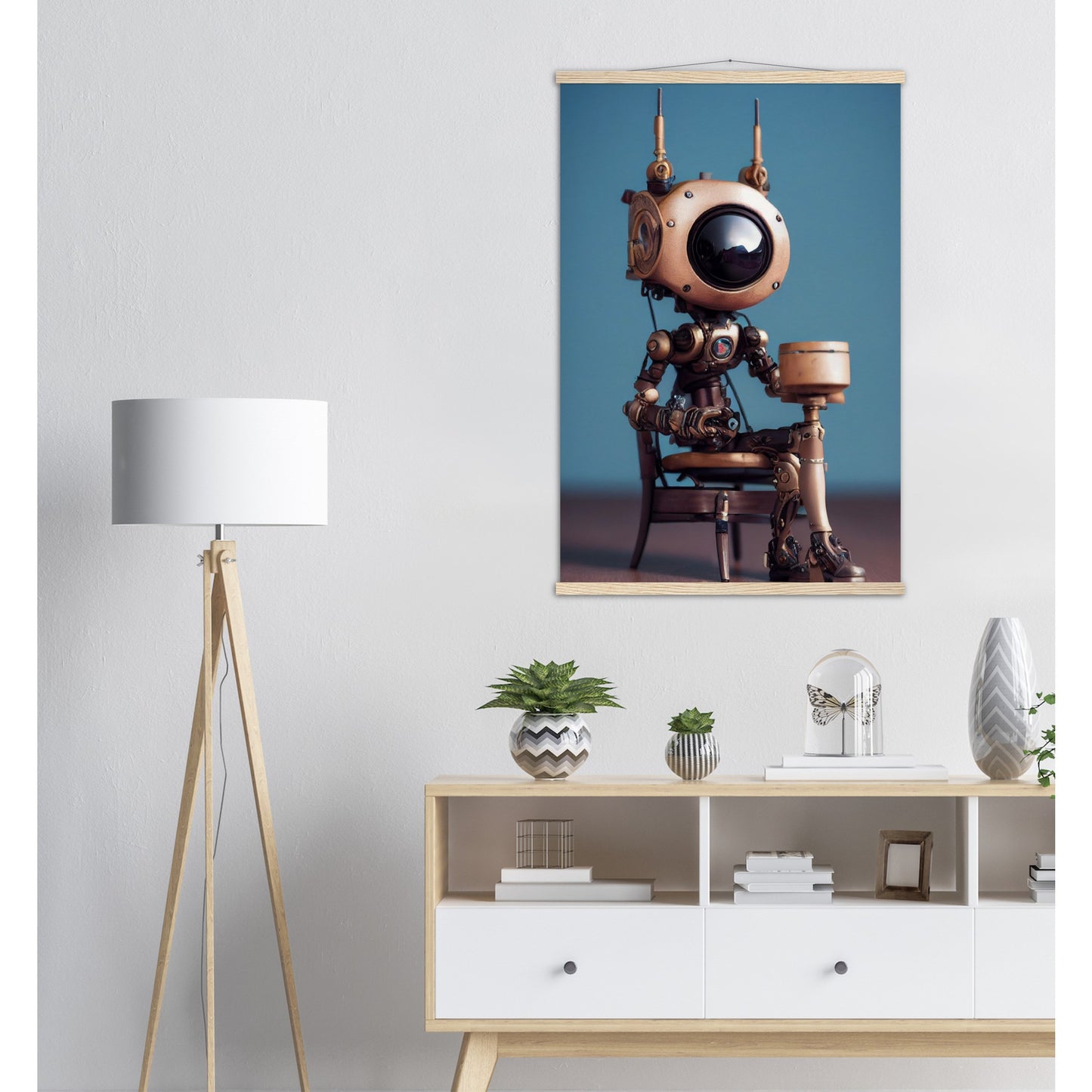 Poster mit Leisten (Holz) in Museumsqualität - Tiny robot with a present - "Tiny Sam" - Wandbild - Customizable Coffee Cup - Personalized Gifts - Kunstdruck - Roboter mit Geschenk - Steampunk - Acryldruck - Present Robots - Personalized Gifts - Poster with frame - nr.5 lebt - zukunft - Kunstwerk - Office Poster - Poster mit Rahmen - Kaffee Tasse  - Bedruckte Tassen - Kunst Marke - Art Brand - Wandbild - Kunstdrucke - Künstler: John Grayst & Pixelboys - emotional robots - Geschenkidee - Wall Art -