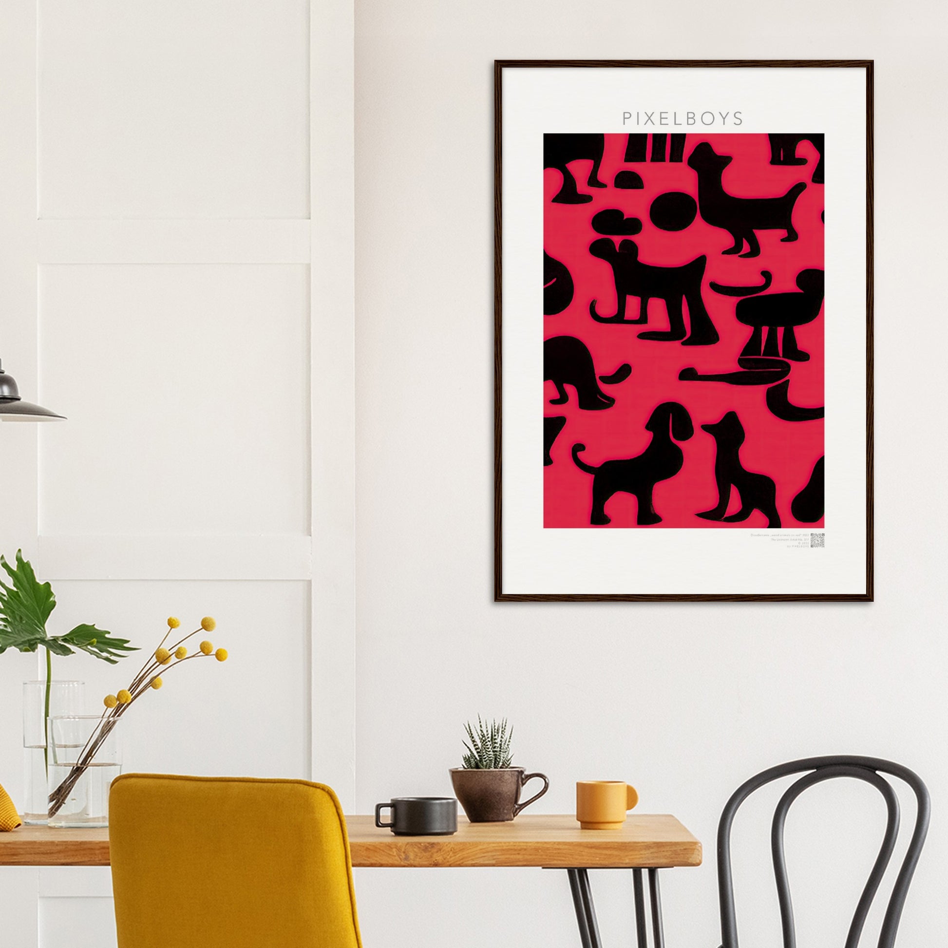 Poster mit Rahmen (Holz) - in Museumsqualität - Doodlemania "weird animals on red"- No.2 - Hunde - Katzen - Doodle Kunst - dogs - Cats - gastro - Poster mit Rahmen - doodle artwork - Acrylbild - Kunstdruck - Wandbild - office Poster - Poster with frame -  Künstler: Pixelboys & The Unknown Artist Nb.517 - keith haring - anti stress art - Gastro Art -Art Brand - 