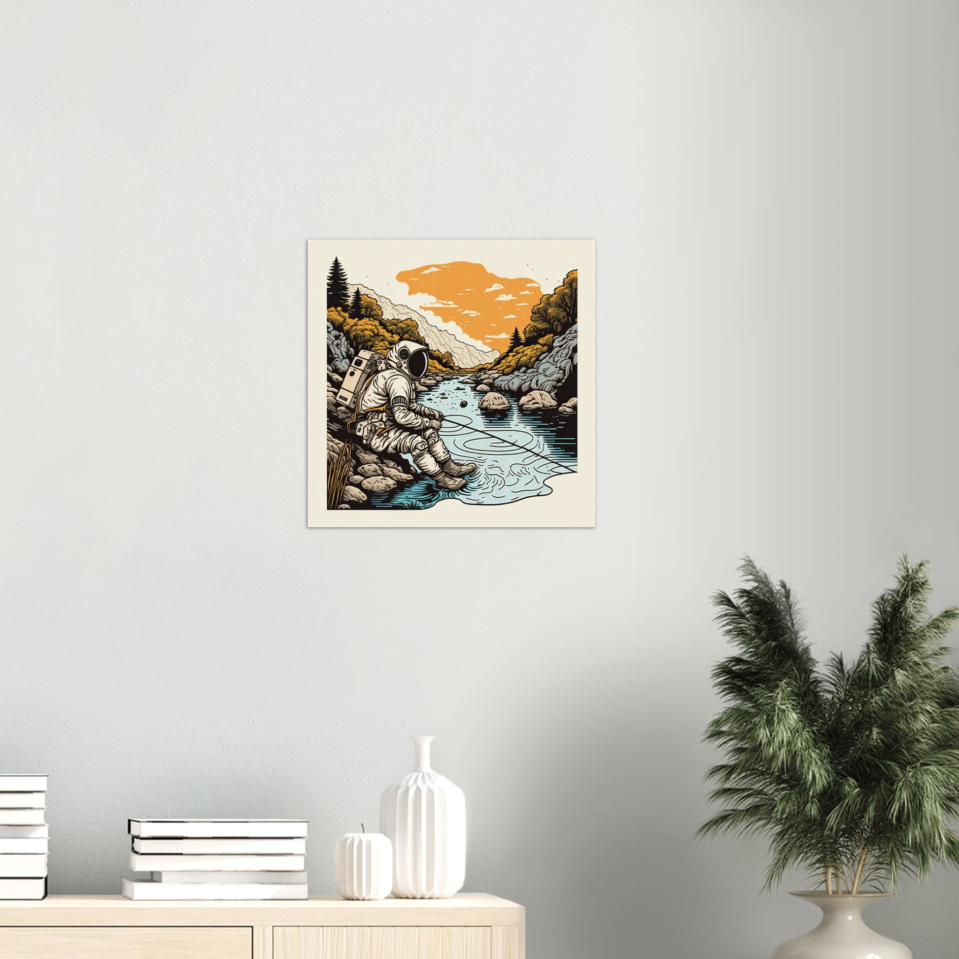 Poster in Museumsqualität - Fishing Astronaut - Buzz - Angeln - Astronaut - Natur - Posterleisten - USA - Fineart - Posterrahmen  - Wandkunst - Holzrahmen - Poster with frame - people of color - artwork - art brand - printed cup personalized - Holzleisten - pixelboys - Kunstdrucke - wandbilder - wall art - Kunst auf Tassen  - Office Poster - Gastrotassen - Wanddekoration - Acrylkunst - Geschenkidee - Office Poster - Acryldruck - Abstrakte Kunst -