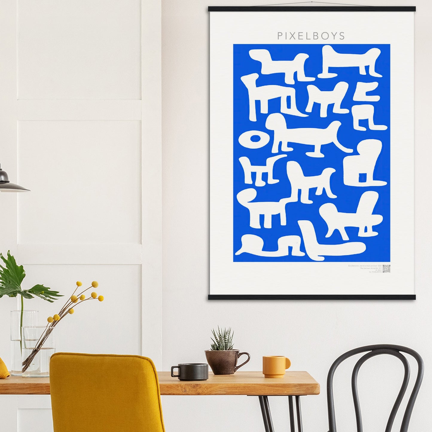 Poster mit Leisten (Holz) - in Museumsqualität - Doodlemania "weird animals on blue" - No.1 - Hunde - Katzen - Doodle Kunst - Poster mit Rahmen - doodle artwork - Acrylbild - Kunstdruck - Wandbild - office Poster - Poster with frame -  Künstler: Pixelboys & The Unknown Artist Nb.517 - keith haring - anti stress art - Art Brand - 