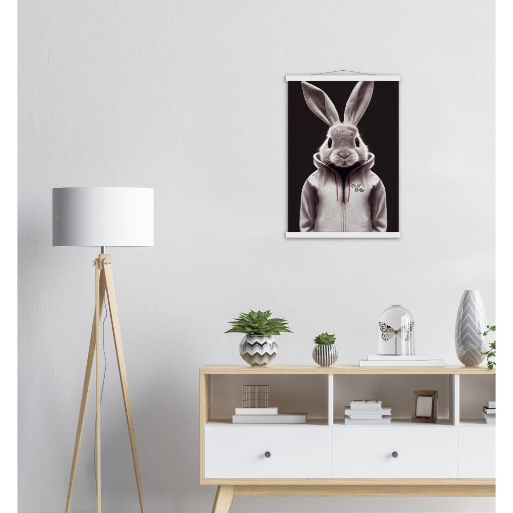 Poster mit Leisten (Holz) - Bunny in grey tracksuit - Fashion Gang - Wandbild - Ostern - Geschenkidee - Osterhase - Bunny Crew: "Valerian" - "Caesar" - "Constantin" - "Cleo"-Titus - Weisser Hase - Easter Bunny - Cute - grey tracksuit - sweats - Alice's Adventures in Wonderland - Modemarke - Pixelboys Brand - Valerian der Hase - Kaninchen  - Künstler: "Pixelboys" - Atelier - Germany - Berlin - Hamburg - Colgne - France - Paris - Italy - Rom - USA - America - New York City - Los Angeles - Chicago - 