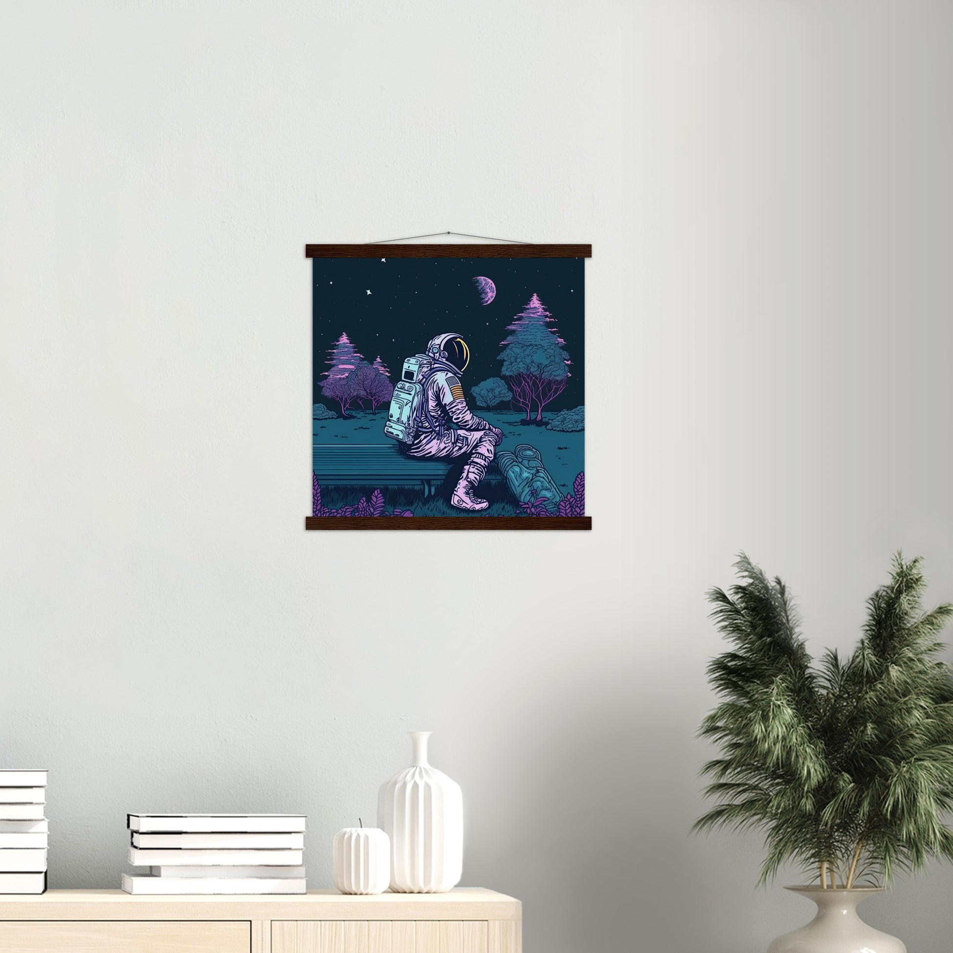 Poster mit Leisten (Holz) - in Museumsqualität - Stargazing Astronaut - John - Illustration - Astronaut - Parkbank - Rocketman - Posterleisten - USA - Fineart - Posterrahmen  - Wandkunst - Holzrahmen - Poster with frame - artwork - art brand - printed cup personalized - Holzleisten - pixelboys - Kunstdrucke - wandbilder - wall art - Kunst auf Tassen  - Office Poster - Gastrotassen - Wanddekoration - Acrylkunst - Geschenkidee - Office Poster - Acryldruck - Abstrakte Kunst -