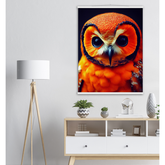 Poster mit Leisten (Holz) - Fruit Owl No. 1 - "Orangina", the orange owl - Serie Fruit Owls - Schleiereulen - lat. Tytonidae - Fruchteulen - Vogel - Bird - Strigiformes - Noctua - Ornithologie - Kunstwerk - Acryldruck - Poster mit Rahmen - Poster mit Leisten - Bedruckte Tassen - Kunst Marke - Art Brand - Pixelboys - Kunstdruck - Acrylbild - Wandbild - Kunstdrucke - Papier: 250g/qm - Künstler: John Grayst & Pixelboys - Eulen - Owl-  - Atelier - England - London - Birmingham - Manchester - Leeds - Liverpool  