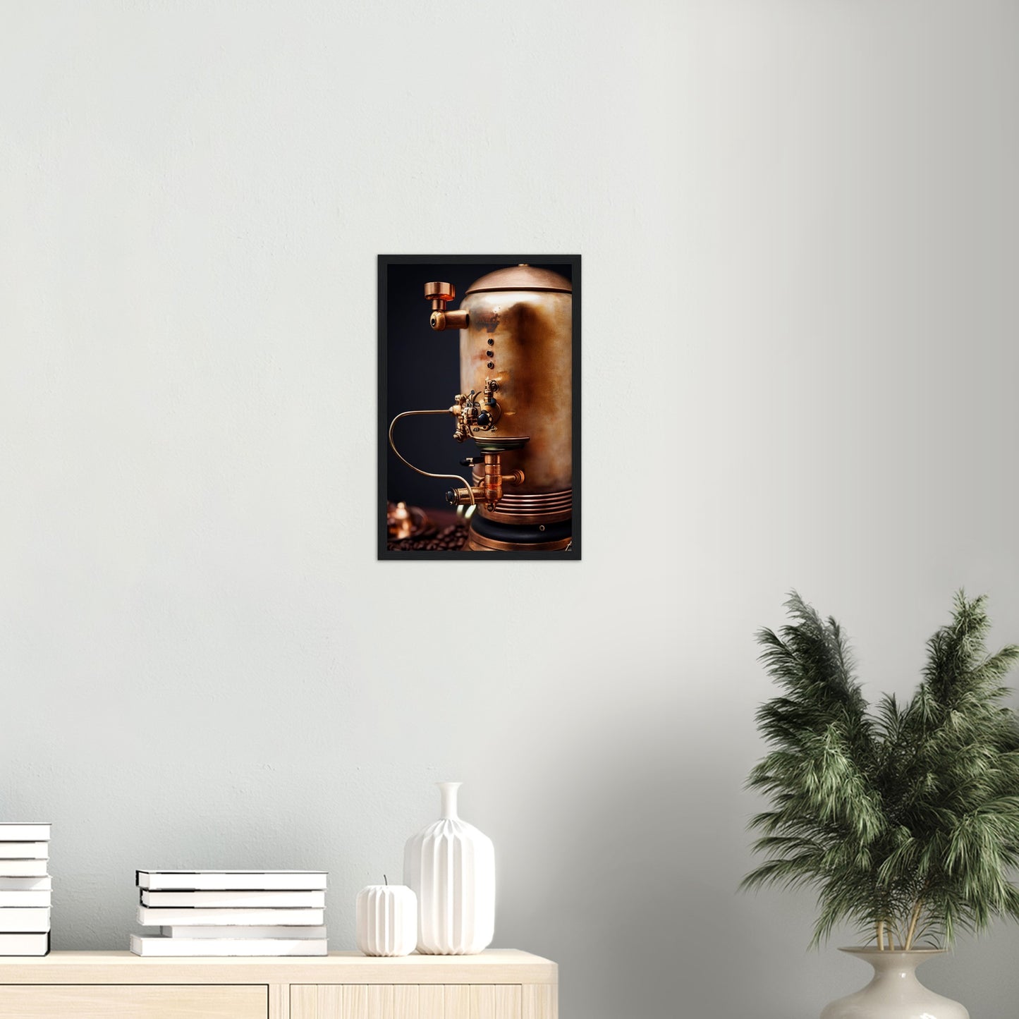  Poster mit Rahmen (Holz) - Steampunk - Coffee Maker - No.5 - Collection Cup - Pixelboys - Wandbild - Kunstwerk - Hotelkunst - Kunst auf Postern - Fine Art - Steampunk - Future - Maschine - Poster with frame - Office Poster - Art Brand - Pixelboys - Coffee House - Restaurant Poster - Wall Art - Kunstdruck - Geschenkidee - Kunst auf Acrylglas - Future Coffee Cup - Personalisierbare Tasse - Gastro Tasse - exklusiv - Acryldruck - Gastronomie Poster - Hotelposter - Steam Punk Kitchen -   