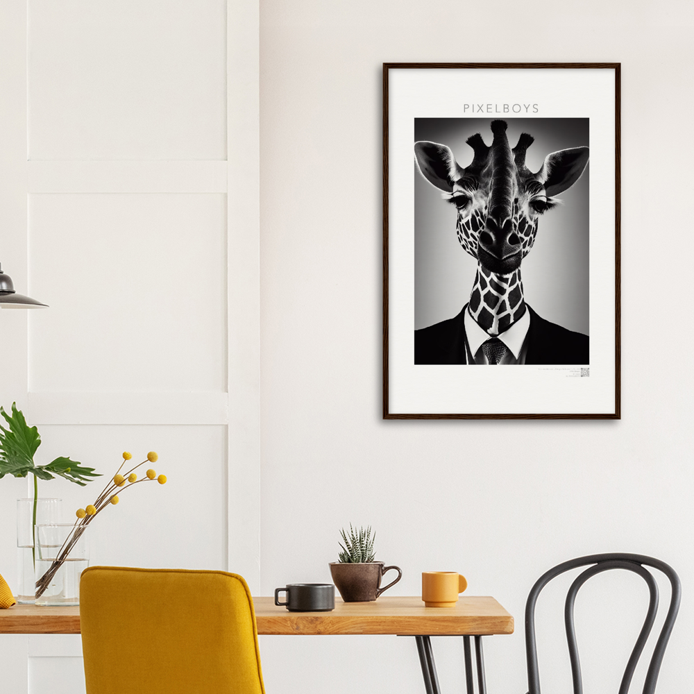 Poster mit Rahmen (Holz) - "The giraffe knows" - Business Animals No. 2 "Bridget" - Künstler: "John Grayst" Kunstdruck - Wandbild - Pixelboys - Atelier - Milano - Berlin - Munich - Madrid - New York - Dubai - Paris - Tokio - Rom - Lisbon - Ottawa - Bern Switzerland - Amsterdam - Seoul - Vancouver - Antwerpen -