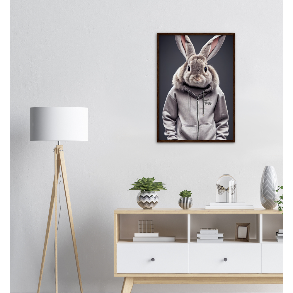 Poster mit Rahmen (Holz) - Bunny in grey Tracksuit - "Titus" - Fashion Gang - Wandbild - Ostern - Geschenkidee - Osterhase - Bunny Crew: "Titus" - "Caesar" - "Constantin" - "Cleo" - Weisser Hase - Easter Bunny - Cute - grey tracksuit - sweats - Alice's Adventures in Wonderland - Modemarke - Pixelboys Brand - Titus der Hase - Hase - Kaninchen  - Künstler: "Pixelboys" - Atelier - Germany - Berlin - Hamburg - Colgne - France - Paris - Italy - Rom - USA - America - New York City - Los Angeles - Chicago - 