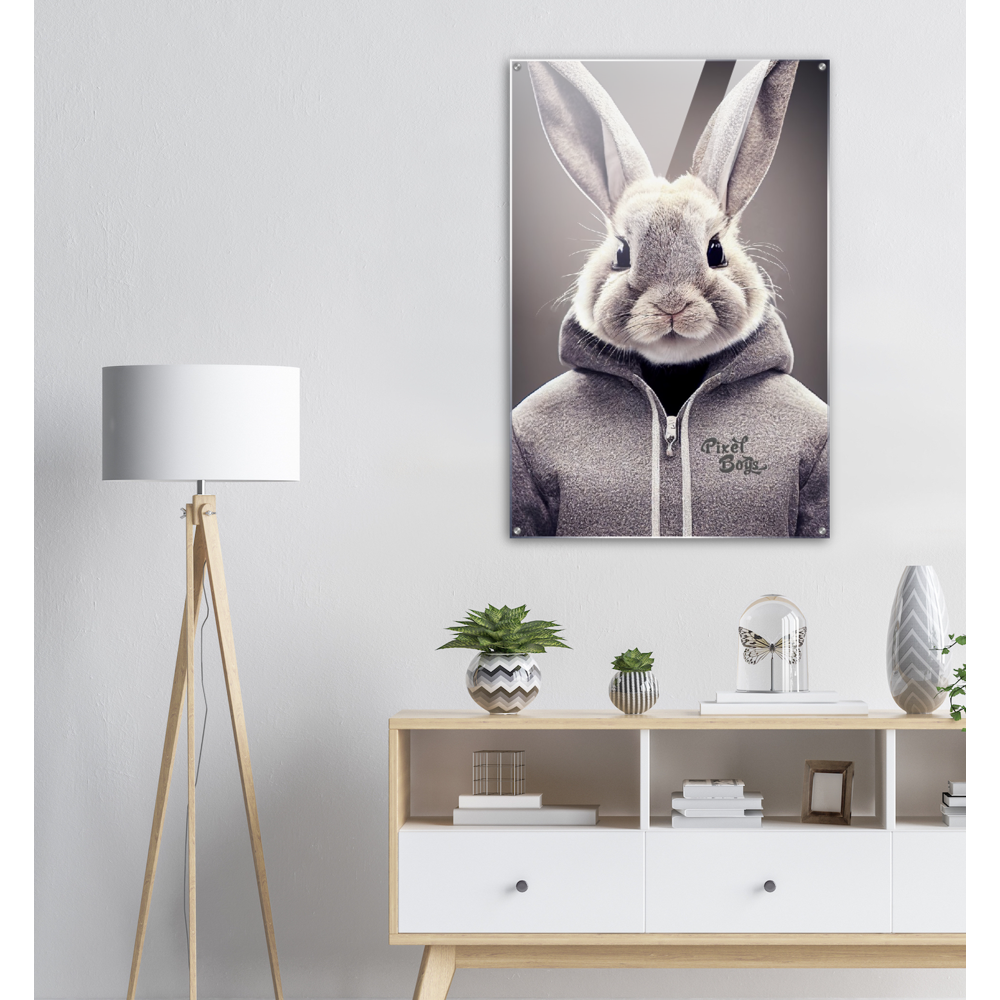 Acrylbild - Bunny in grey Hoodie - "Constantin" - Fashion Gang - Acryldruck - Ostern - Geschenkidee - Osterhase - Bunny Crew: "Constantin" - "Caesar" - "Titus" - "Cleo" - Weisser Hase - Easter Bunny - Cute - grey Hoodie - sweats - Alice's Adventures in Wonderland - Modemarke - Pixelboys Brand - Constantin der Hase - Hase - Kaninchen  - Künstler: "Pixelboys" - Atelier - Germany - Berlin - Hamburg - Colgne - France - Paris - Italy - Rom - USA - America - New York City - Los Angeles - Chicago - 