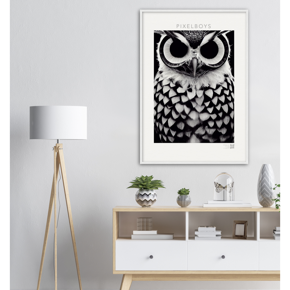 Poster mit Rahmen (Holz) - Museumsqualität - Dark Owl, No. 1 - "Hedwig" - Vogel - Bird - Strigiformes - Noctua - Ornithologie - Kunstwerk - Museumsqualität - Acryldruck - Poster mit Rahmen - Poster mit Leisten - Bedruckte Tassen - Kunst Marke - Art Brand - Pixelboys - Kunstdruck - Wandbild - Kunstdrucke - Papier: 250g/qm - Künstler: John Grayst & Pixelboys - Eulen - Owl-  - Atelier - England - London - Birmingham–Wolverhampton - Manchester - Leeds Bradfort - Liverpool  