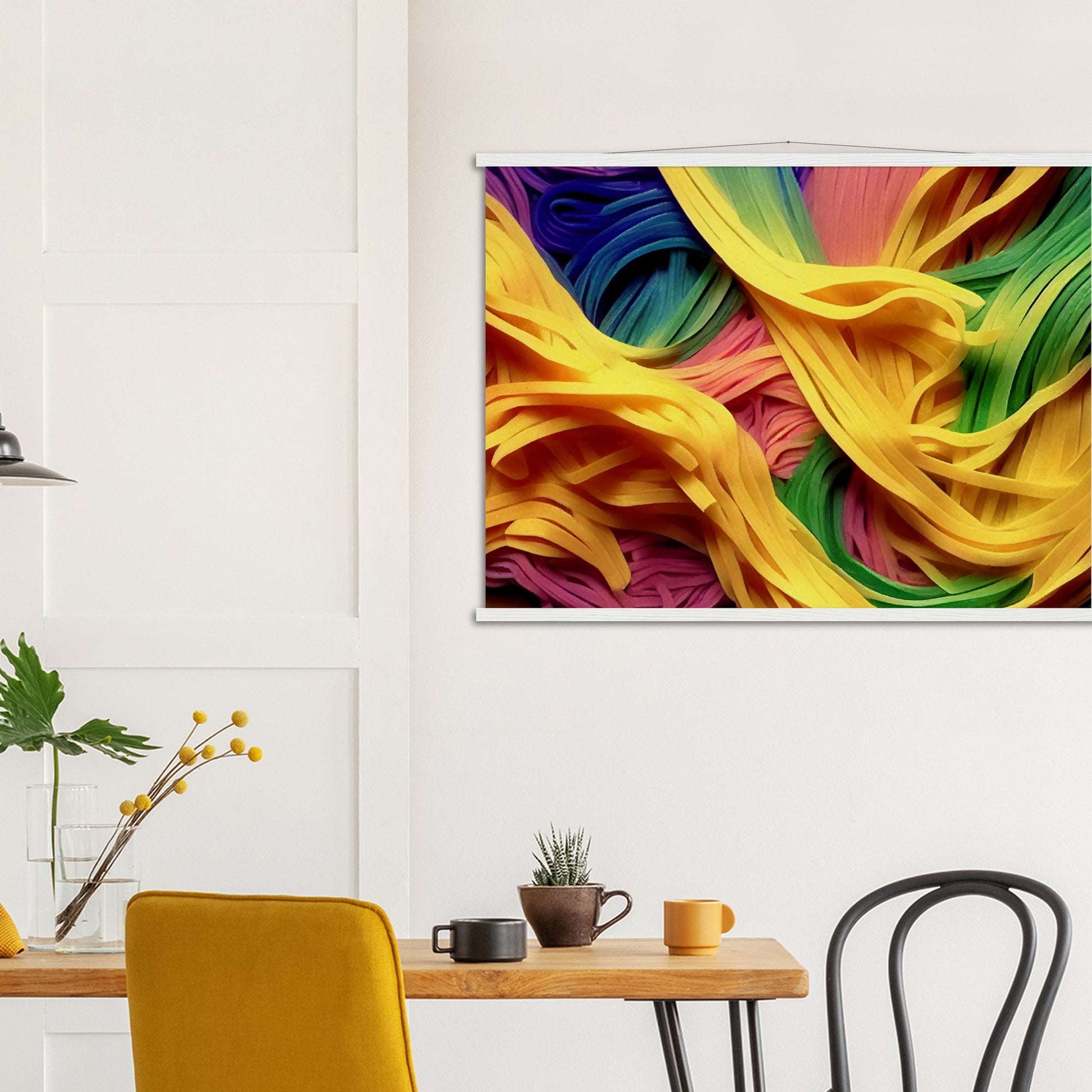 Poster mit Leisten (Holz) - Noodles upside-down - Pasta Love - Italien - China - Restaurant - Nudeln - Pasta - Teigwaren  - Wandkunst - Kunstdruck - Acryldruck - Kunstwerk - Office Poster - Poster mit Rahmen - Kaffee Tasse - Poster mit Leisten - Bedruckte Tassen - Kunst Marke - Art Brand - Kunstdrucke - Papier: 250g/qm - Künstler: Pixelboys - Poster with frame - Geschenkidee - Atelier Rome - Atelier Bologna - Atelier Milano -