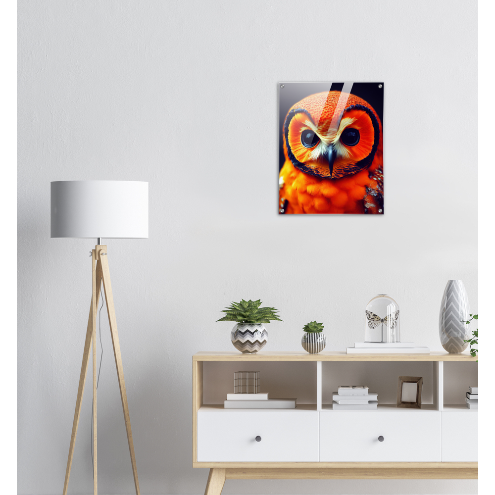 Acrylbild - Fruit Owl No. 1 - "Orangina", the orange owl - Serie Fruit Owls - Schleiereulen - lat. Tytonidae - Fruchteulen - Vogel - Bird - Strigiformes - Noctua - Ornithologie - Kunstwerk - Acryldruck - Poster mit Rahmen - Poster mit Leisten - Bedruckte Tassen - Kunst Marke - Art Brand - Pixelboys - Kunstdruck - Acryldruck - Wandbild - Kunstdrucke - Papier: 250g/qm - Künstler: John Grayst & Pixelboys - Eulen - Owl-  - Atelier - England - London - Birmingham - Manchester - Leeds - Liverpool  