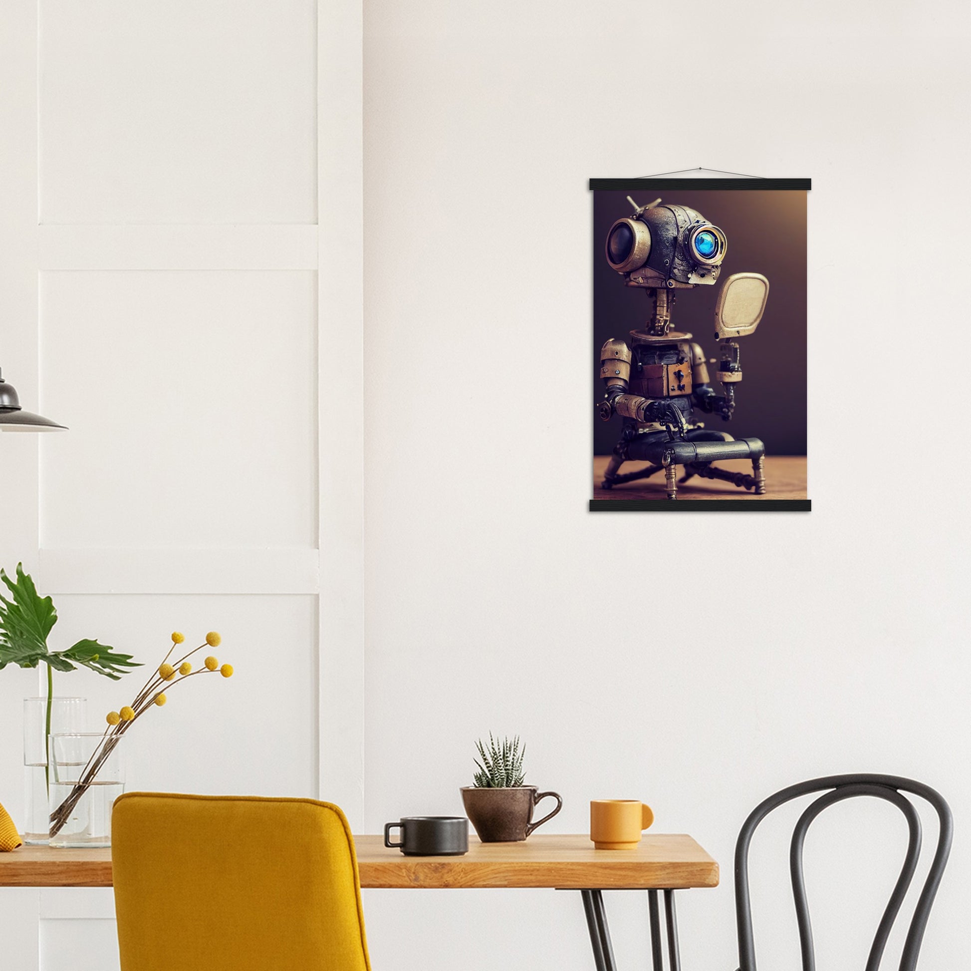 Poster mit Leisten (Holz) in Museumsqualität - Tiny robot with a mirror - Hitoshi 人 - Wall Art - Spiegel - Acryldruck - Wandkunst - Customizable Coffee Cup - Personalized Gifts - Kunstdruck - Kleine Roboter - Acryldruck - Little Robots - Personalized Gifts - Tiny  - Steampunk - zukunft - Poster with frame - Kunstwerk - Office Poster - Poster mit Rahmen - Kaffee Tasse - Poster - Bedruckte Tassen - Kunst Marke - Art Brand - Kunstdrucke - Künstler: John Grayst & Pixelboys - emotional robots - Geschenkidee - 