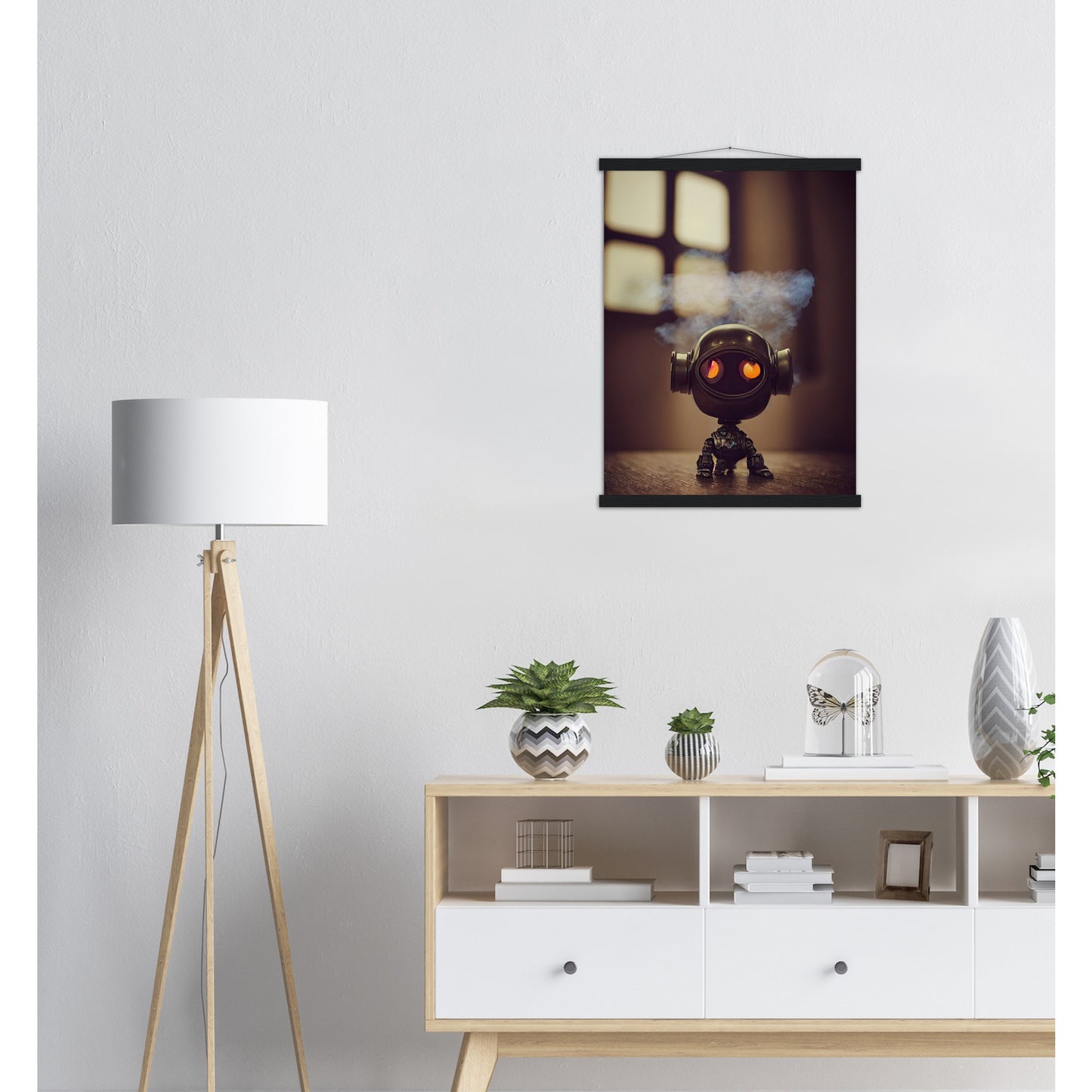 Poster mit Leisten (Holz) in Museumsqualität - Tiny robot - with smoke around his head - "Tiny Tim" - Wandbild - Customizable Coffee Cup - Personalized Gifts - Kunstdruck - Rauchender Roboter - Steampunk - Acryldruck - Smoking Robots - Personalized Gifts - Poster with frame - Wall Art - - zukunft - Kunstwerk - Office Poster - Poster mit Rahmen - Kaffee Tasse  - Bedruckte Tassen - Kunst Marke - Art Brand - Wandbild - Kunstdrucke - Künstler: John Grayst & Pixelboys - emotional robots - Geschenkidee 