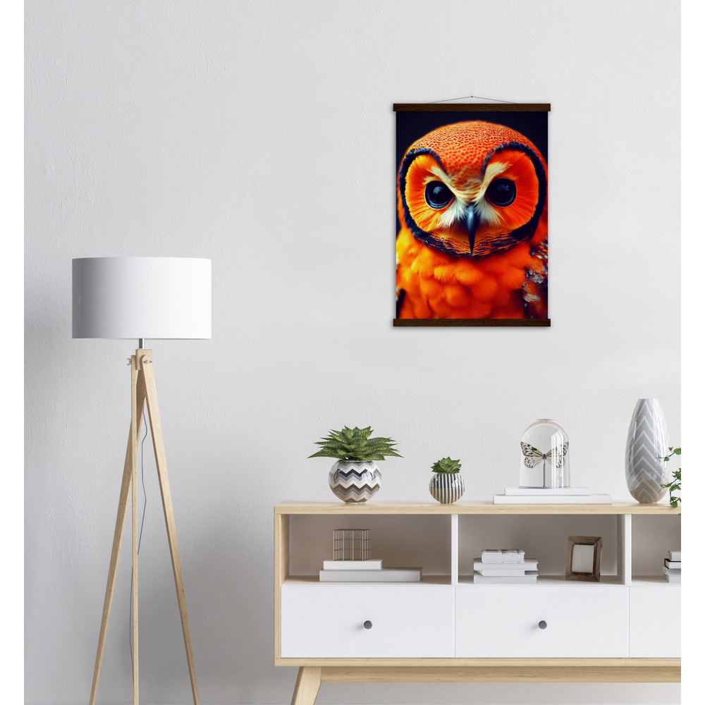 Poster mit Leisten (Holz) - Fruit Owl No. 1 - "Orangina", the orange owl - Serie Fruit Owls - Schleiereulen - lat. Tytonidae - Fruchteulen - Vogel - Bird - Strigiformes - Noctua - Ornithologie - Kunstwerk - Acryldruck - Poster mit Rahmen - Poster mit Leisten - Bedruckte Tassen - Kunst Marke - Art Brand - Pixelboys - Kunstdruck - Acrylbild - Wandbild - Kunstdrucke - Papier: 250g/qm - Künstler: John Grayst & Pixelboys - Eulen - Owl-  - Atelier - England - London - Birmingham - Manchester - Leeds - Liverpool  