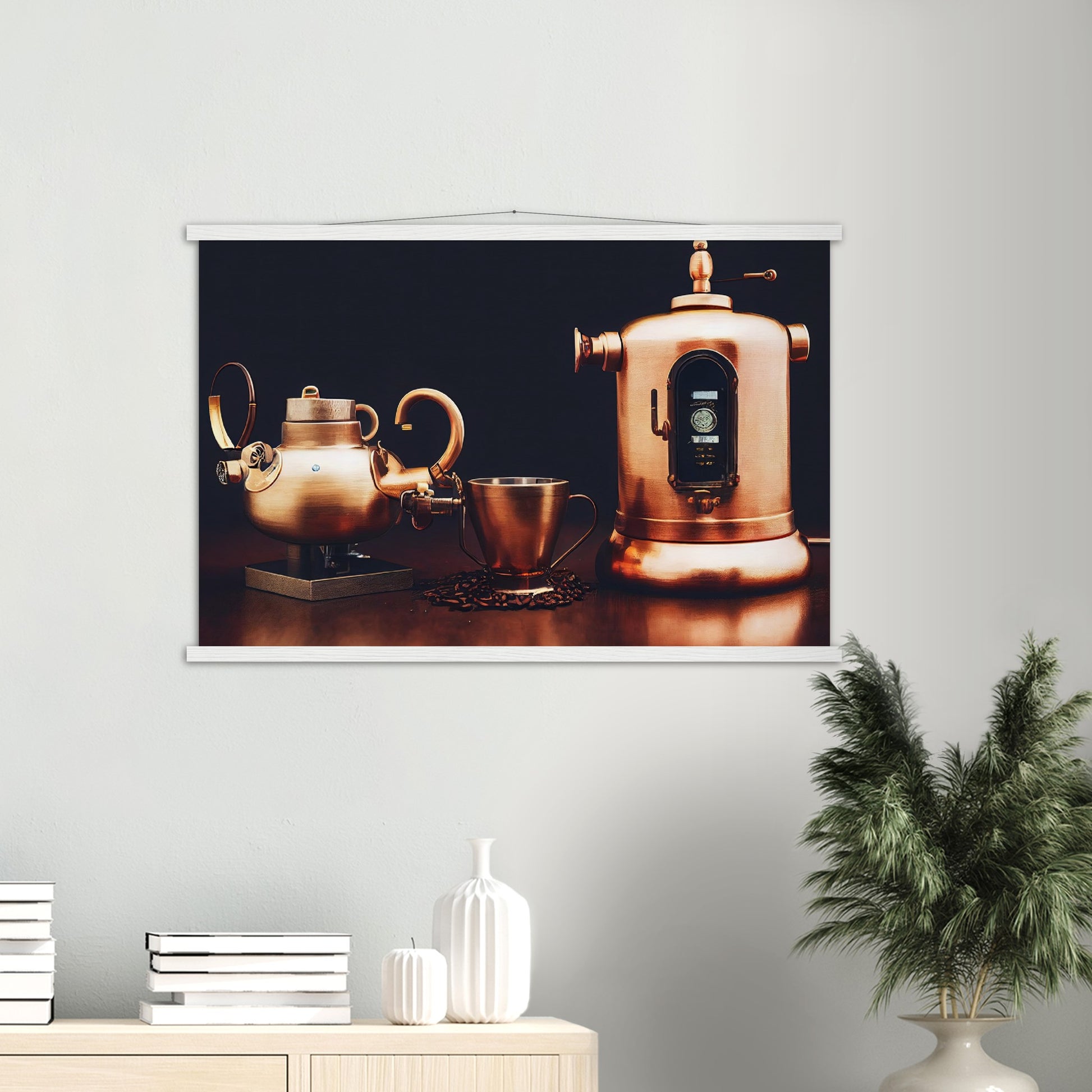 Poster mit Leisten (Holz) - in Museumsqualität - Steampunk - Coffee Maker - No.4 - Collection Cup - Pixelboys - Wandbild - Kunstwerk - Hotelkunst - Kunst auf Postern - Fine Art - Steampunk - Future - Maschine - Poster with frame - Office Poster - Art Brand - Pixelboys - Coffee House - Restaurant Poster - Wall Art - Kunstdruck - Geschenkidee - Kunst auf Acrylglas - Future Coffee Cup - Personalisierbare Tasse - Gastro Tasse - exklusiv - Acryldruck - Gastronomie Poster - Hotelposter - Steam Punk Kitchen -   