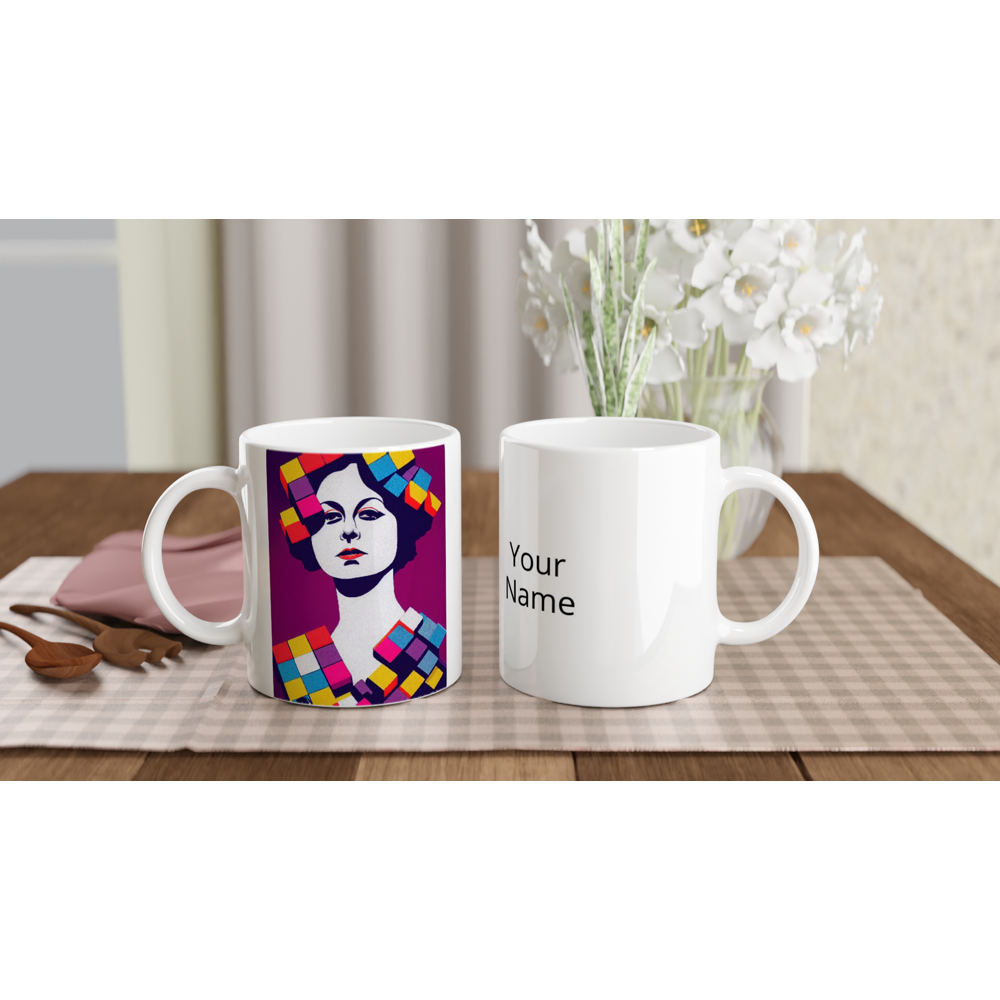 Personalisierte Tasse - The Queen No.1 - HRH in cubes - Kunstdruck - Bedruckte Tasse - Kaffebecher - Teebecher - Queen Elisabeth II - Monarch - HRH - His/Her Royal Highness - Groß Britannien - Commonwealth - The Royal Family - Wandkunst - Kubismus - synthetischen Kubismus - Georges Braque - Künstler: "John Grayst" - Atelier - UK - GB - London -