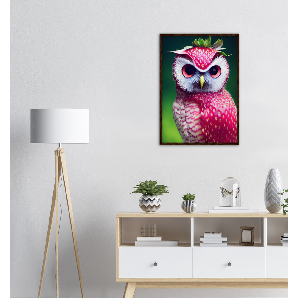 Poster in Rahmen (Holz) - Fruit Owl No. 2 - "Berry", the Strawberry Owl - Serie Fruit Owls - Wandkunst - Kunstdruck - (fiktiv: lat.  Pulsatrix Fragaria) - Erdbeere - Schleiereulen - Fruchteulen - Vogel - Bird - Strigiformes - Noctua - Ornithologie - Kunstwerk  - Office Poster - Poster mit Rahmen - Kaffee Tasse - Poster mit Leisten - Bedruckte Tassen - Kunst Marke - Art Brand - Acrylbild - Wandbild - Kunstdrucke - Papier: 250g/qm - Künstler: John Grayst & Pixelboys - Eulen - Owl - Geschenkidee - 