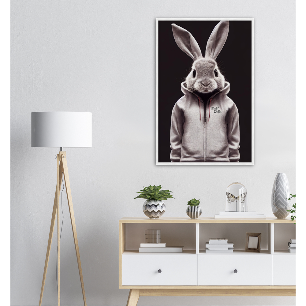 Poster mit Rahmen (Holz) - Bunny in grey tracksuit - Fashion Gang - Wandbild - Ostern - Geschenkidee - Osterhase - Bunny Crew: "Valerian" - "Caesar" - "Constantin" - "Cleo"-Titus - Weisser Hase - Easter Bunny - Cute - grey tracksuit - sweats - Alice's Adventures in Wonderland - Modemarke - Pixelboys Brand - Valerian der Hase - Kaninchen  - Künstler: "Pixelboys" - Atelier - Germany - Berlin - Hamburg - Colgne - France - Paris - Italy - Rom - USA - America - New York City - Los Angeles - Chicago - 