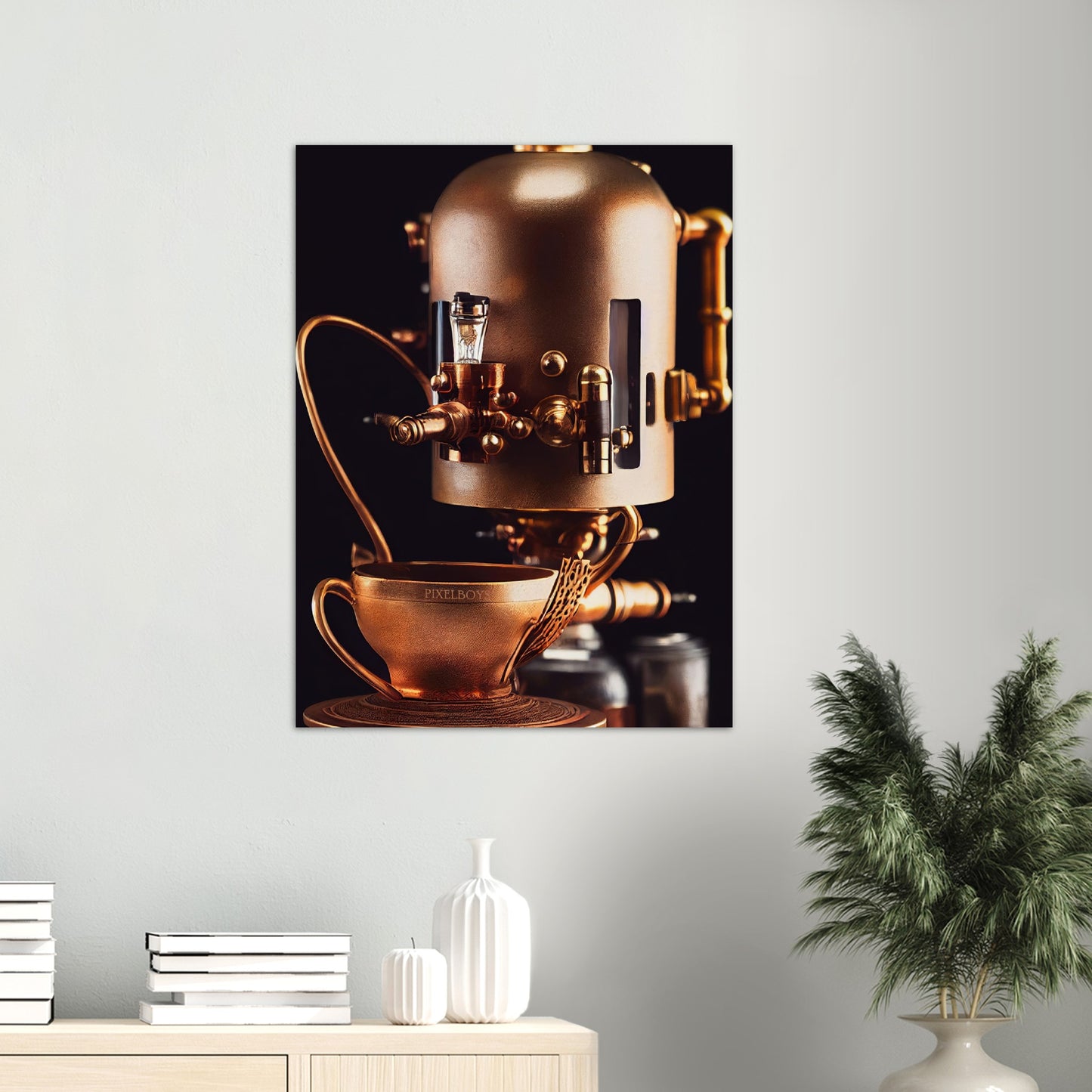 Poster in Museumsqualität - Steampunk - Coffee Maker - No.7 - Collection Cup - Pixelboys - Wandbild - Kunstwerk - Hotelkunst - Kunst auf Postern - Fine Art - Steampunk - Future - Maschine - Poster with frame - Office Poster - Art Brand - Pixelboys - Coffee House - Restaurant Poster - Wall Art - Kunstdruck - Geschenkidee - Kunst auf Acrylglas - Future Coffee Cup - Personalisierbare Tasse - Gastro Tasse - exklusiv - Acryldruck - Gastronomie Poster - Hotelposter - Teestube - Steam Punk Kitchen -   