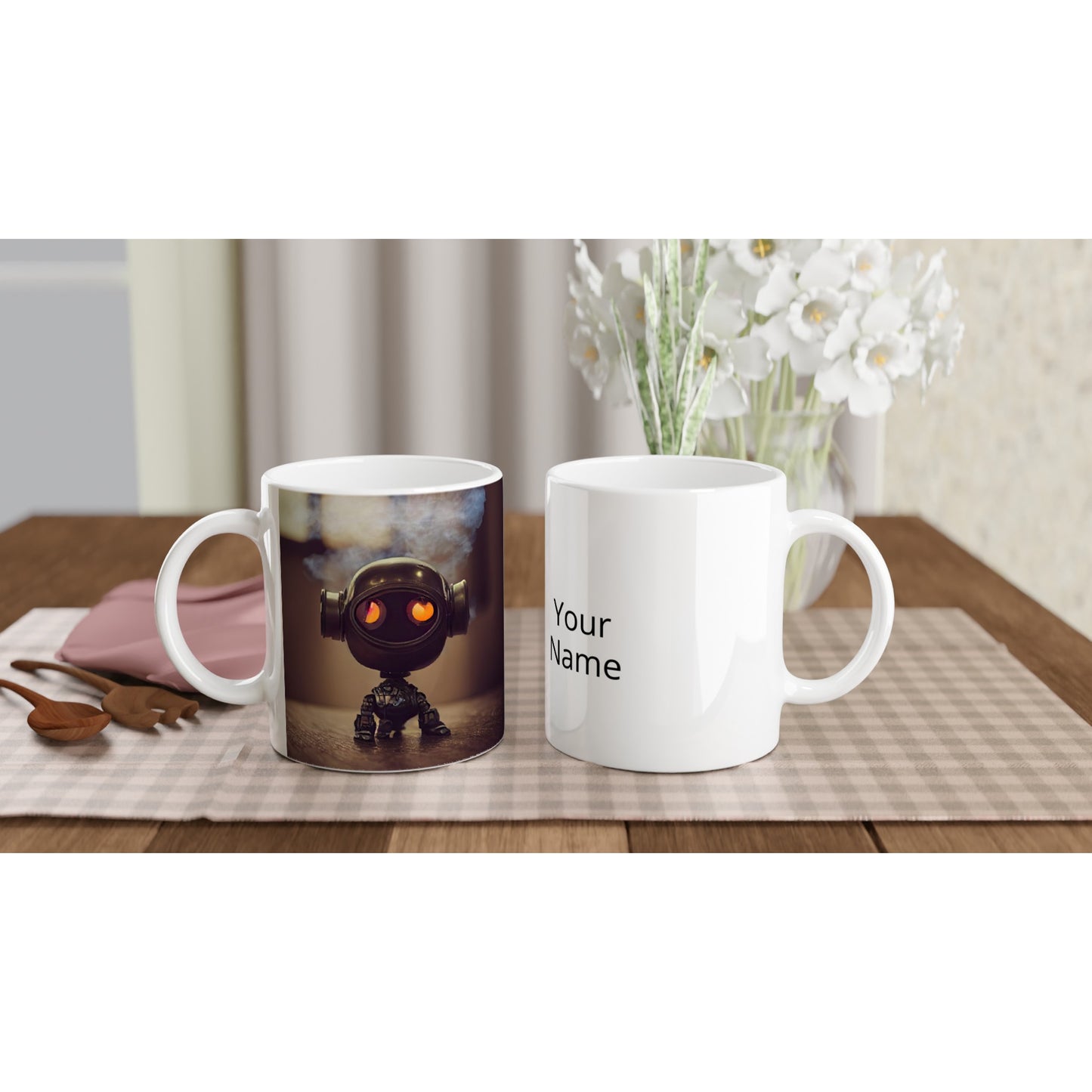 Personalisierbare Tasse - in Museumsqualität - Tiny robot - with smoke around his head - "Tiny Tim" - Wandbild - Customizable Coffee Cup - Personalized Gifts - Kunstdruck - Rauchender Roboter - Steampunk - Acryldruck - Smoking Robots - Personalized Gifts - Poster with frame - nr.5 lebt - zukunft - Kunstwerk - Office Poster - Poster mit Rahmen - Kaffee Tasse  - Bedruckte Tassen - Kunst Marke - Art Brand - Wandbild - Kunstdrucke - Künstler: John Grayst & Pixelboys - emotional robots - Geschenkidee -