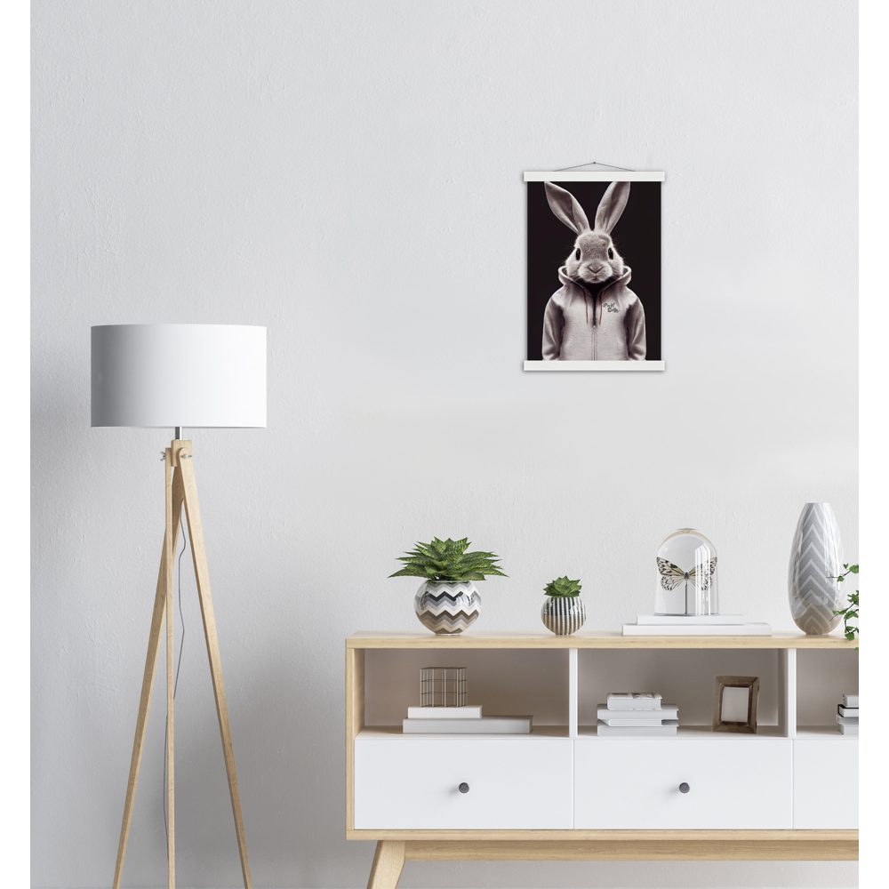 Poster mit Leisten (Holz) - Bunny in grey tracksuit - Fashion Gang - Wandbild - Ostern - Geschenkidee - Osterhase - Bunny Crew: "Valerian" - "Caesar" - "Constantin" - "Cleo"-Titus - Weisser Hase - Easter Bunny - Cute - grey tracksuit - sweats - Alice's Adventures in Wonderland - Modemarke - Pixelboys Brand - Valerian der Hase - Kaninchen  - Künstler: "Pixelboys" - Atelier - Germany - Berlin - Hamburg - Colgne - France - Paris - Italy - Rom - USA - America - New York City - Los Angeles - Chicago - 