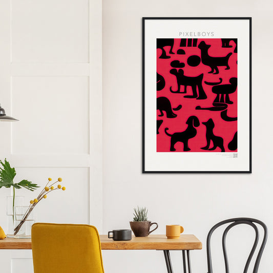 Poster mit Rahmen (Holz) - in Museumsqualität - Doodlemania "weird animals on red"- No.2 - Hunde - Katzen - Doodle Kunst - dogs - Cats - gastro - Poster mit Rahmen - doodle artwork - Acrylbild - Kunstdruck - Wandbild - office Poster - Poster with frame -  Künstler: Pixelboys & The Unknown Artist Nb.517 - keith haring - anti stress art - Gastro Art -Art Brand - 