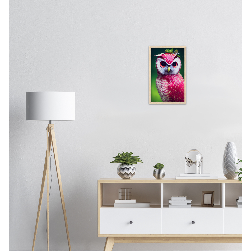 Poster in Rahmen (Holz) - Fruit Owl No. 2 - "Berry", the Strawberry Owl - Serie Fruit Owls - Wandkunst - Kunstdruck - (fiktiv: lat.  Pulsatrix Fragaria) - Erdbeere - Schleiereulen - Fruchteulen - Vogel - Bird - Strigiformes - Noctua - Ornithologie - Kunstwerk  - Office Poster - Poster mit Rahmen - Kaffee Tasse - Poster mit Leisten - Bedruckte Tassen - Kunst Marke - Art Brand - Acrylbild - Wandbild - Kunstdrucke - Papier: 250g/qm - Künstler: John Grayst & Pixelboys - Eulen - Owl - Geschenkidee - 