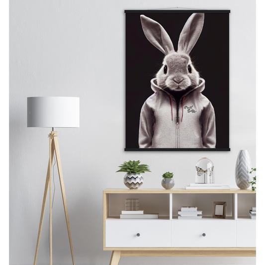 Poster mit Leisten (Holz) - Bunny in grey tracksuit - Fashion Gang - Wandbild - Ostern - Geschenkidee - Osterhase - Bunny Crew: "Valerian" - "Caesar" - "Constantin" - "Cleo"-Titus - Weisser Hase - Easter Bunny - Cute - grey tracksuit - sweats - Alice's Adventures in Wonderland - Modemarke - Pixelboys Brand - Valerian der Hase - Kaninchen  - Künstler: "Pixelboys" - Atelier - Germany - Berlin - Hamburg - Colgne - France - Paris - Italy - Rom - USA - America - New York City - Los Angeles - Chicago - 