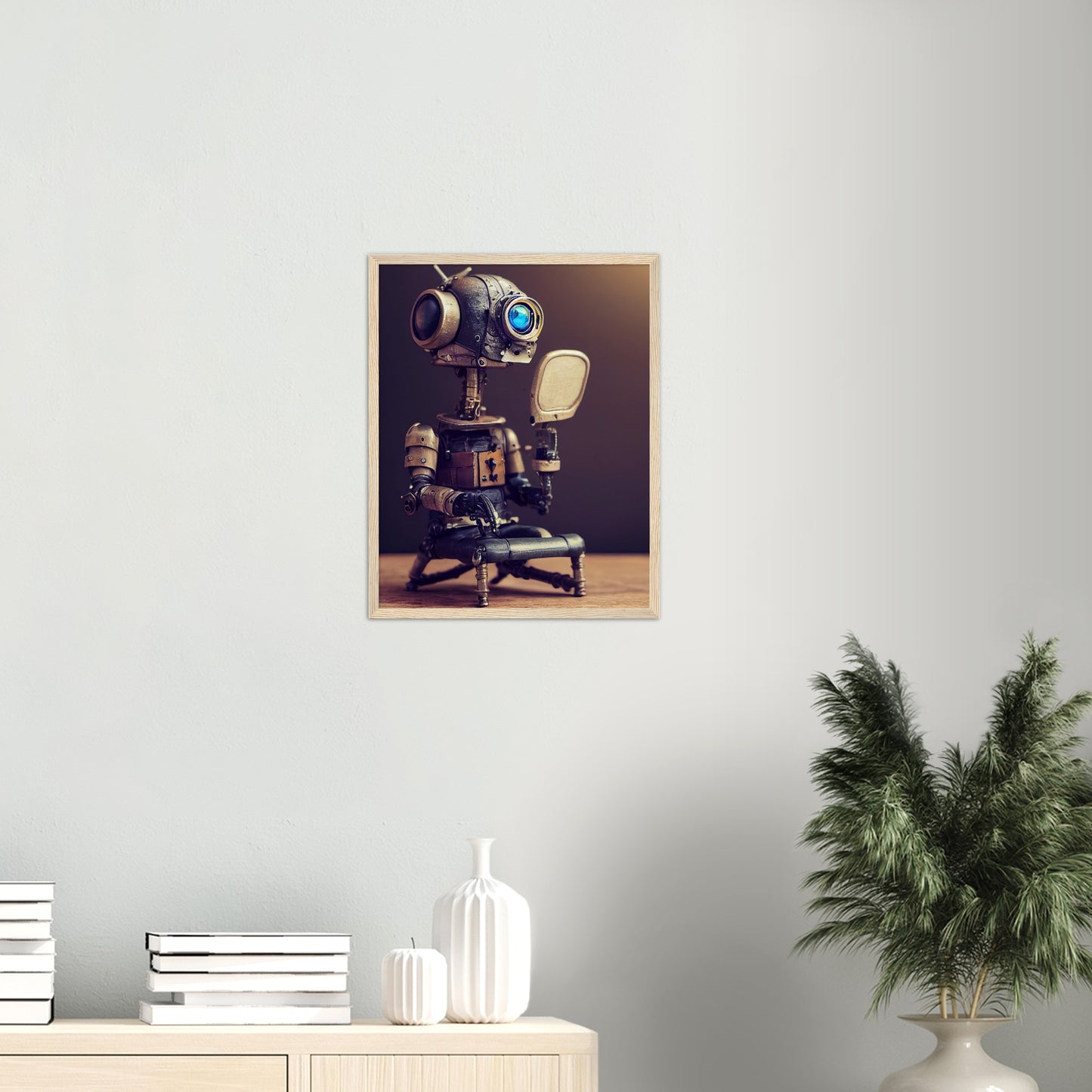 Poster mit Rahmen (Holz) in Museumsqualität - Tiny robot with a mirror - Hitoshi 人 - Wall Art - Spiegel - Acryldruck - Wandkunst - Customizable Coffee Cup - Personalized Gifts - Kunstdruck - Kleine Roboter - Acryldruck - Little Robots - Personalized Gifts - Tiny  - Steampunk - zukunft - Poster with frame - Kunstwerk - Office Poster - Poster mit Rahmen - Kaffee Tasse - Poster - Bedruckte Tassen - Kunst Marke - Art Brand - Kunstdrucke - Künstler: John Grayst & Pixelboys - emotional robots - Geschenkidee - 