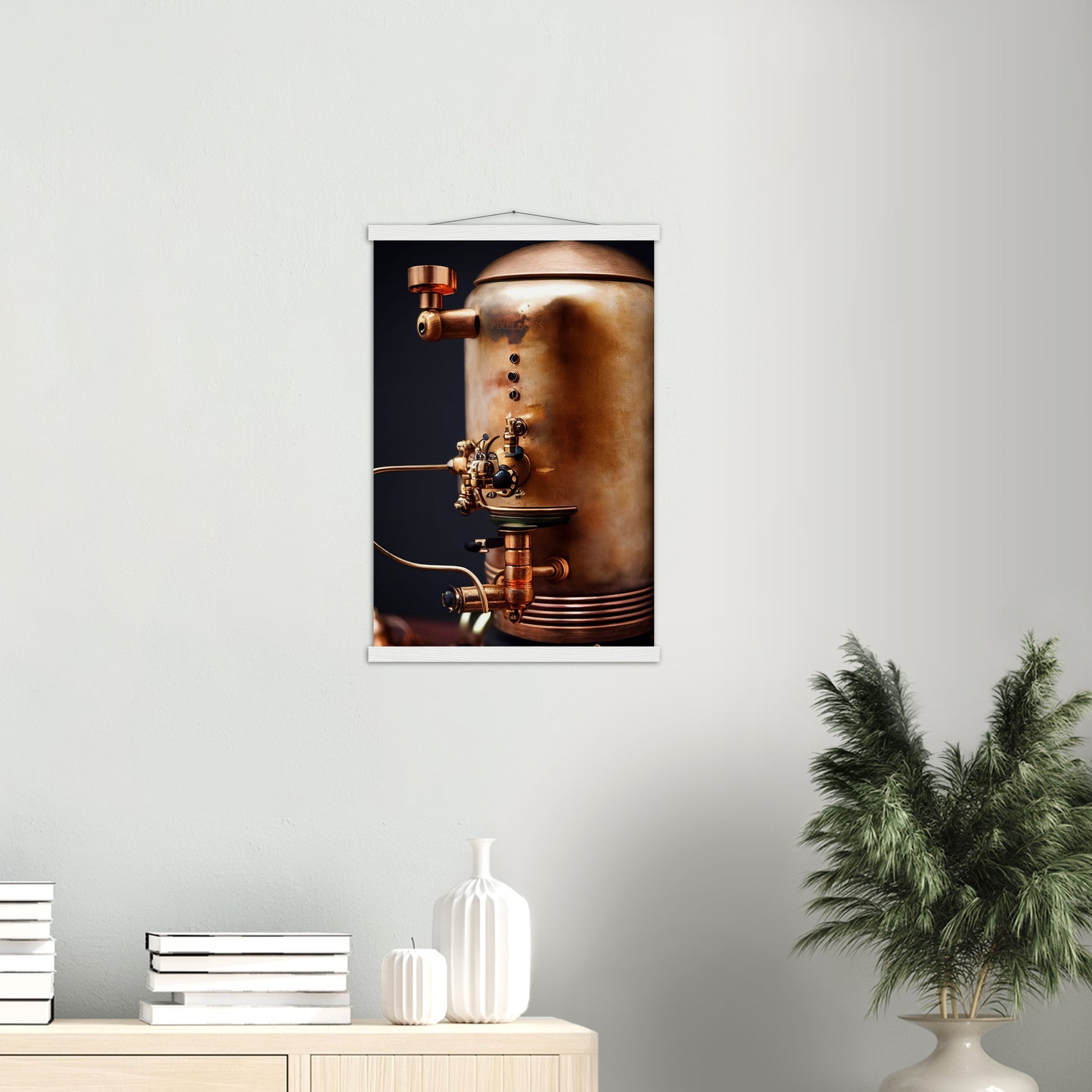 Poster mit Leisten (Holz) - Steampunk - Coffee Maker - No.5 - Collection Cup - Pixelboys - Wandbild - Kunstwerk - Hotelkunst - Kunst auf Postern - Fine Art - Steampunk - Future - Maschine - Poster with frame - Office Poster - Art Brand - Pixelboys - Coffee House - Restaurant Poster - Wall Art - Kunstdruck - Geschenkidee - Kunst auf Acrylglas - Future Coffee Cup - Personalisierbare Tasse - Gastro Tasse - exklusiv - Acryldruck - Gastronomie Poster - Hotelposter - Steam Punk Kitchen -   