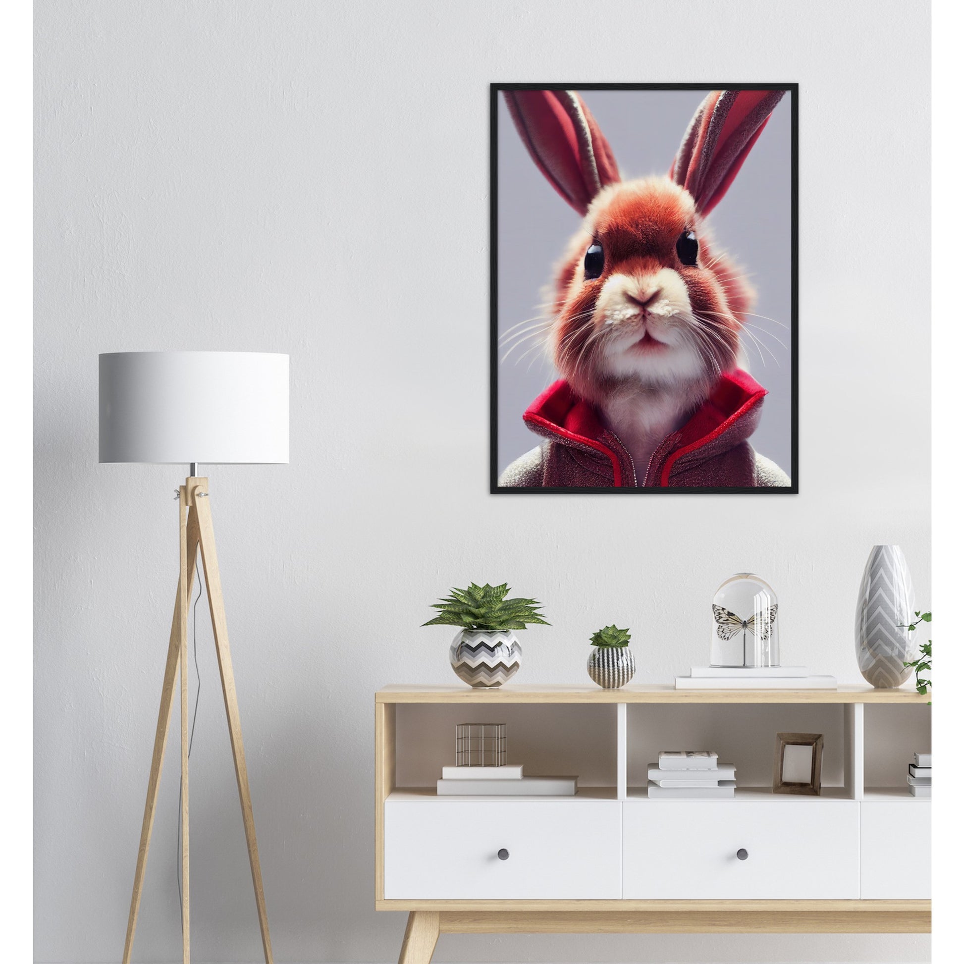 Poster mit Rahmen (Holz)- Museumsqualität - Bunny in grey red tracksuit - "Julius" - personalized mug - customized mug - Cute rabbit - Marke:- Pixelboys - Brand - Art Prints - Marke - Wandkunst - Papierstärke: 250g/qm - Wall Art - Bunny crey - Skater Betty - Hasen Gang - Original - Künstler:Pixelboys - Poster with frame - Office Poster - Trend - Wandschmuck - Atelier USA - 