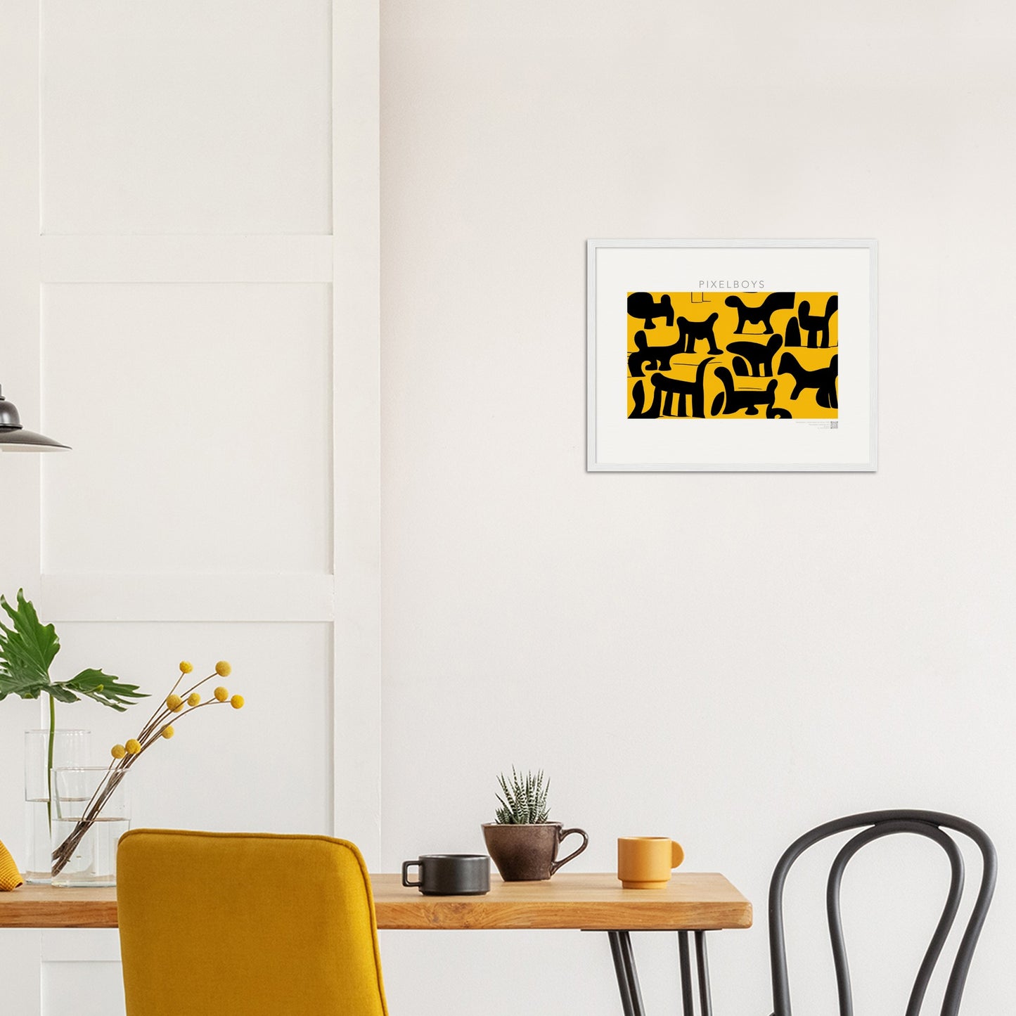 Poster mit Rahmen (Holz) - Doodlemania "weird animals on yellow" - No.3 - bedruckte Tasse-  gelb - Cup - Hunde - Katzen - Doodle Kunst - dogs - Cats - gastro - Poster mit Rahmen - doodle artwork - Acrylbild - Kunstdruck - Wandbild - office Poster - Poster with frame -  Künstler: Pixelboys & The Unknown Artist Nb.517 - keith haring - Gastro Art - anti stress art - Art Brand - Kunstdruck - Gastro Tasse - 