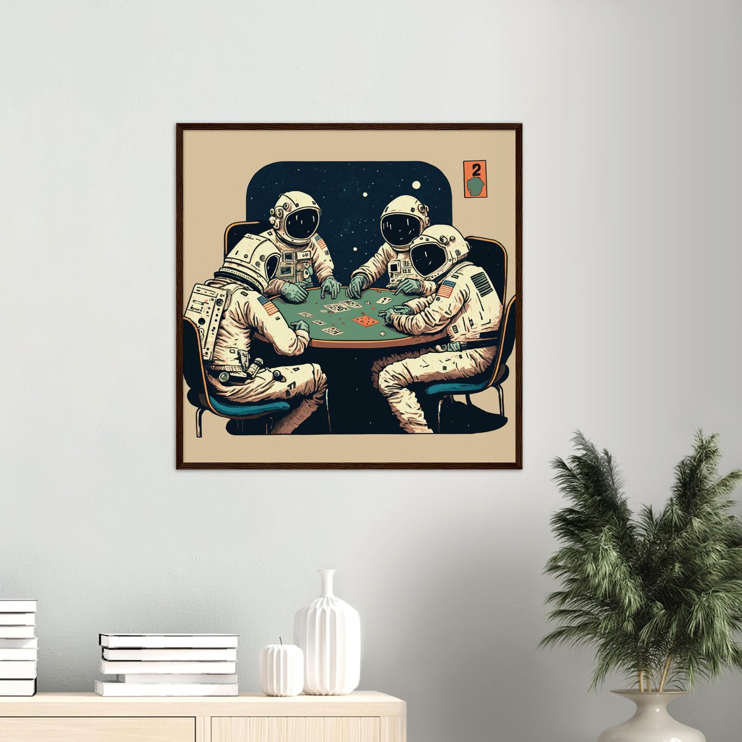 Poster mit Rahmen (Holz) in Museumsqualität - Gambling Astronauts - Illustration - Astronaut - Poker - Rocketman - Posterleisten - USA - Fineart - Posterrahmen  - Wandkunst - Holzrahmen - Poster with frame - artwork - art brand - printed cup personalized - Holzleisten - pixelboys - Kunstdrucke - wandbilder - wall art - Kunst auf Tassen  - Office Poster - Gastrotassen - Wanddekoration - Acrylkunst - Geschenkidee - Office Poster - Acryldruck - Abstrakte Kunst -