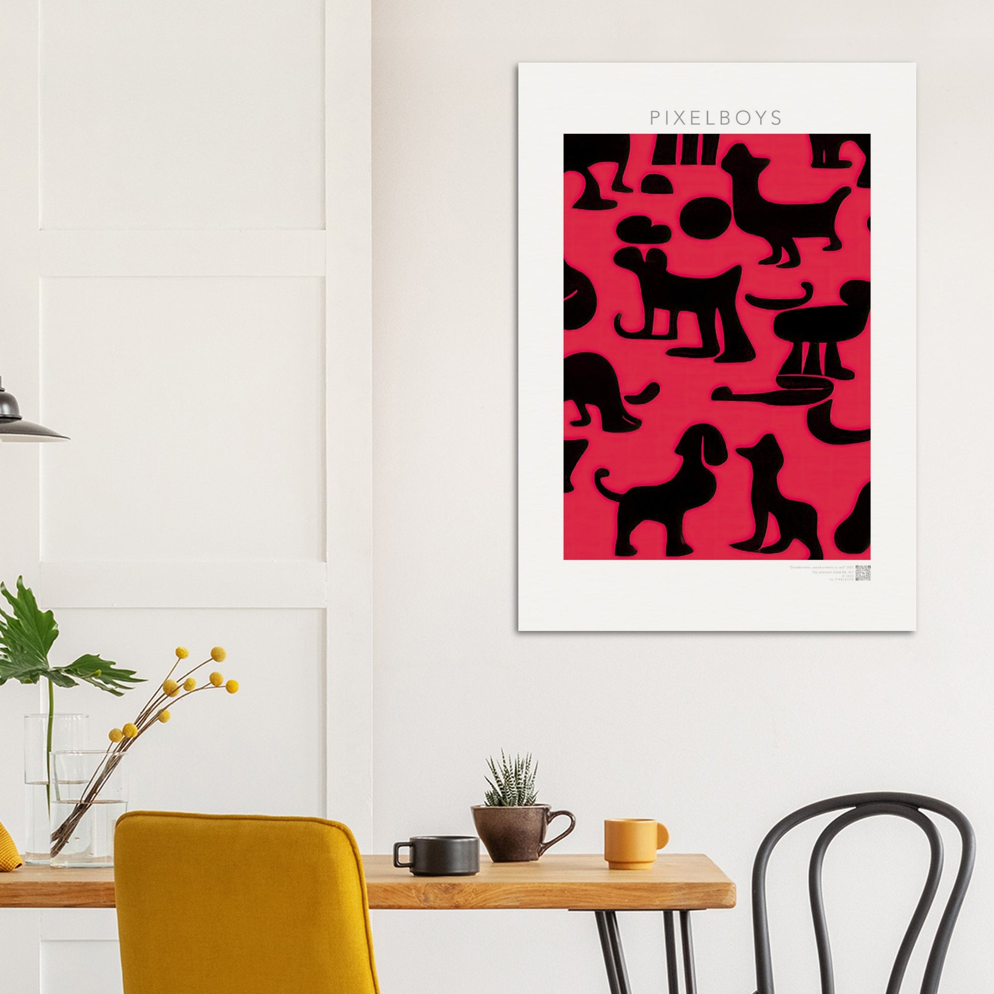 Poster in Museumsqualität - Doodlemania "weird animals on red"- No.2 - Hunde - Katzen - Doodle Kunst - dogs - Cats - gastro - Poster mit Rahmen - doodle artwork - Acrylbild - Kunstdruck - Wandbild - office Poster - Poster with frame -  Künstler: Pixelboys & The Unknown Artist Nb.517 - keith haring - anti stress art - Art Brand - 