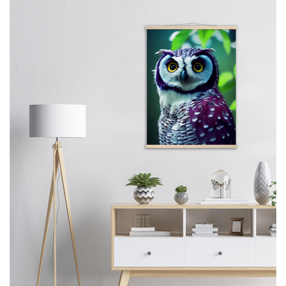 Poster mit Leisten (Holz) - Fruit Owl No.5 - "Sini", the bluberry owl - Wandkunst - Kunstdruck - Heidelbeereule - (lat. bubo vaccinium) - Teebecher - Heidelbeere Eule - Fruchteulen - blueberry owl- Vogel - Uhu - Bird - Strigiformes - Noctua - Ornithologie - Kunstwerk  - Office Poster - Poster mit Rahmen - Kaffee Tasse - Poster mit Leisten - Bedruckte Tassen - Kunst Marke - Art Brand - Acryldruck - Wandbild - Kunstdrucke - Papier: 250g/qm - Künstler: John Grayst & Pixelboys - Eulen - Owl - Geschenkidee - 