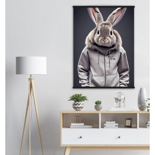 Poster mit Leisten (Holz) - Bunny in grey Tracksuit - "Titus" - Fashion Gang - Wandbild - Ostern - Geschenkidee - Osterhase - Bunny Crew: "Titus" - "Caesar" - "Constantin" - "Cleo" - Weisser Hase - Easter Bunny - Cute - grey tracksuit - sweats - Alice's Adventures in Wonderland - Modemarke - Pixelboys Brand - Constantin der Hase - Hase - Kaninchen  - Künstler: "Pixelboys" - Atelier - Germany - Berlin - Hamburg - Colgne - France - Paris - Italy - Rom - USA - America - New York City - Los Angeles - Chicago - 