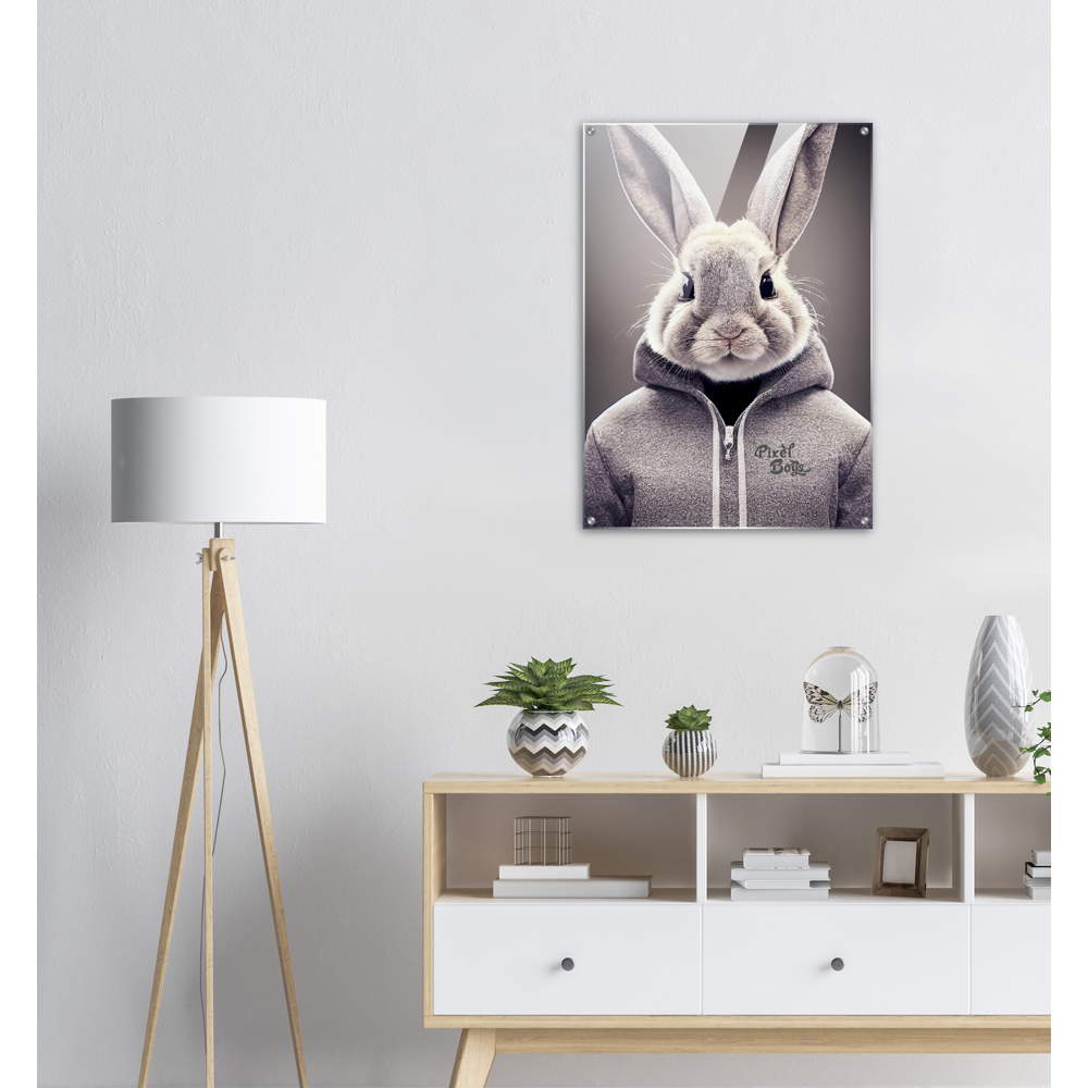 Acrylbild - Bunny in grey Hoodie - "Constantin" - Fashion Gang - Acryldruck - Ostern - Geschenkidee - Osterhase - Bunny Crew: "Constantin" - "Caesar" - "Titus" - "Cleo" - Weisser Hase - Easter Bunny - Cute - grey Hoodie - sweats - Alice's Adventures in Wonderland - Modemarke - Pixelboys Brand - Constantin der Hase - Hase - Kaninchen  - Künstler: "Pixelboys" - Atelier - Germany - Berlin - Hamburg - Colgne - France - Paris - Italy - Rom - USA - America - New York City - Los Angeles - Chicago - 