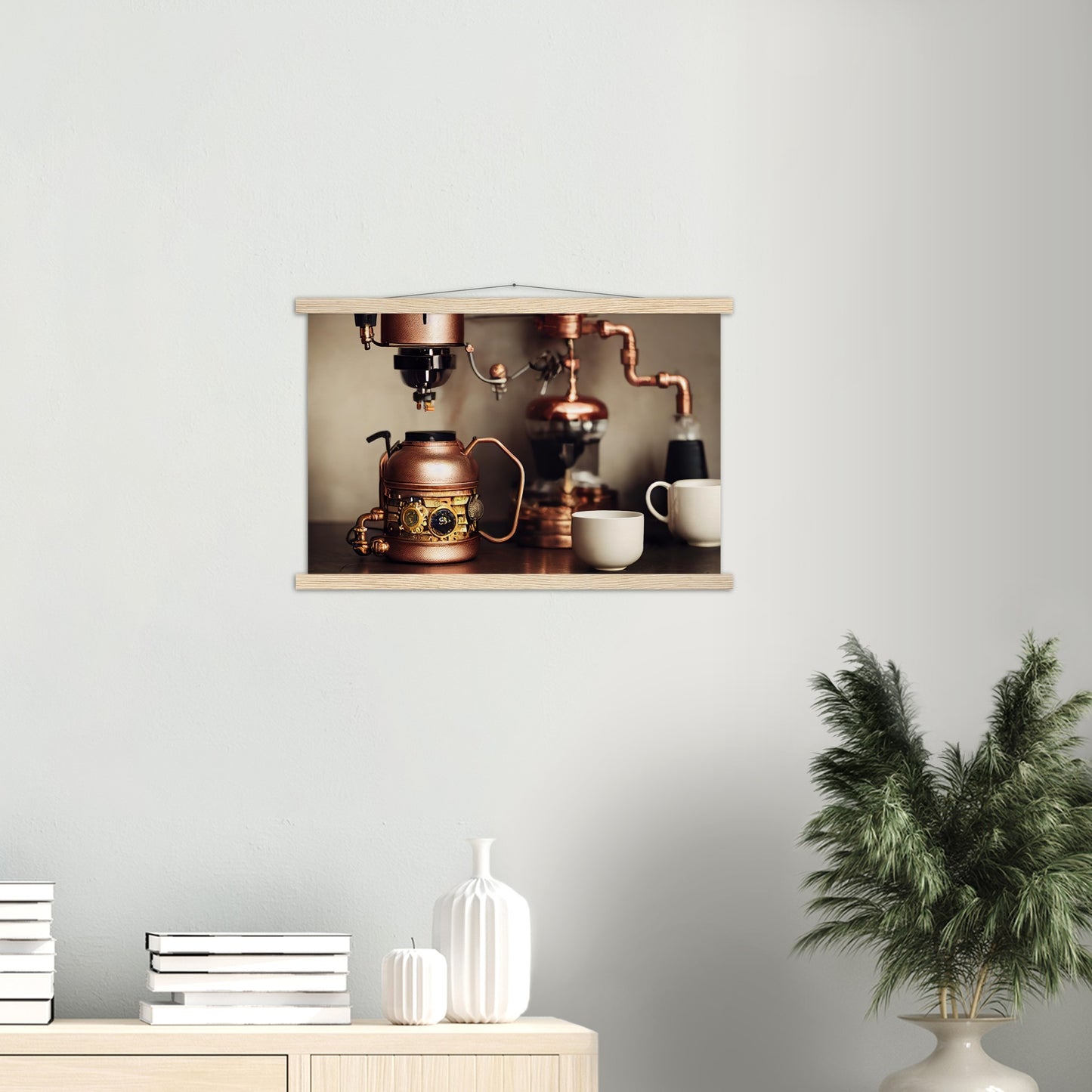 Poster mit Leisten (Holz) - in Museumsqualität - Steampunk - Coffee Maker - No.1 - Wandbild - Kunstwerk - Kunst auf Postern - Fine Art - Steampunk - Future - Maschine - Poster with frame - Office Poster - Art Brand - Pixelboys - Coffee House - Restaurant Poster - Schöner Wohnen - Dekoration - Wall Art - Kunstdruck - Geschenkidee - Kunst auf Acrylglas - Personalisierbare Tasse - Gastro Poster - Gewerbliche Poster - exklusiv