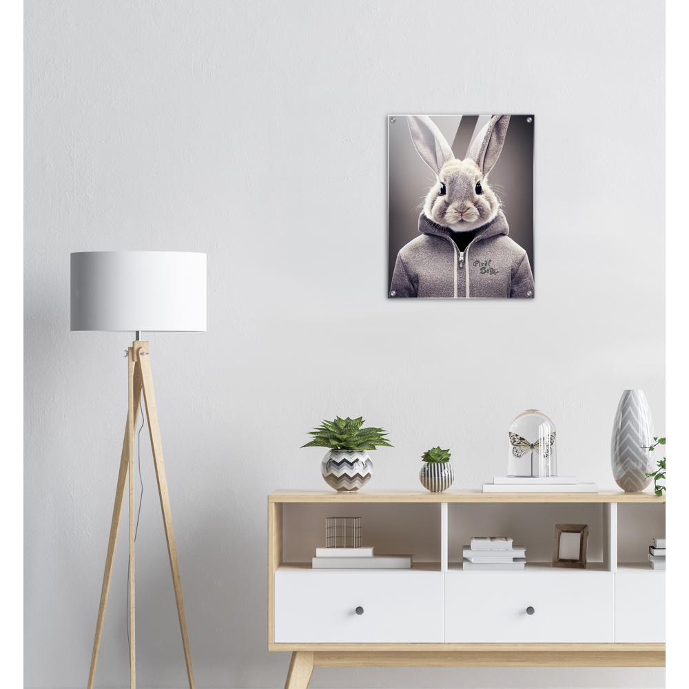 Acrylbild - Bunny in grey Hoodie - "Constantin" - Fashion Gang - Acryldruck - Ostern - Geschenkidee - Osterhase - Bunny Crew: "Constantin" - "Caesar" - "Titus" - "Cleo" - Weisser Hase - Easter Bunny - Cute - grey Hoodie - sweats - Alice's Adventures in Wonderland - Modemarke - Pixelboys Brand - Constantin der Hase - Hase - Kaninchen  - Künstler: "Pixelboys" - Atelier - Germany - Berlin - Hamburg - Colgne - France - Paris - Italy - Rom - USA - America - New York City - Los Angeles - Chicago - 