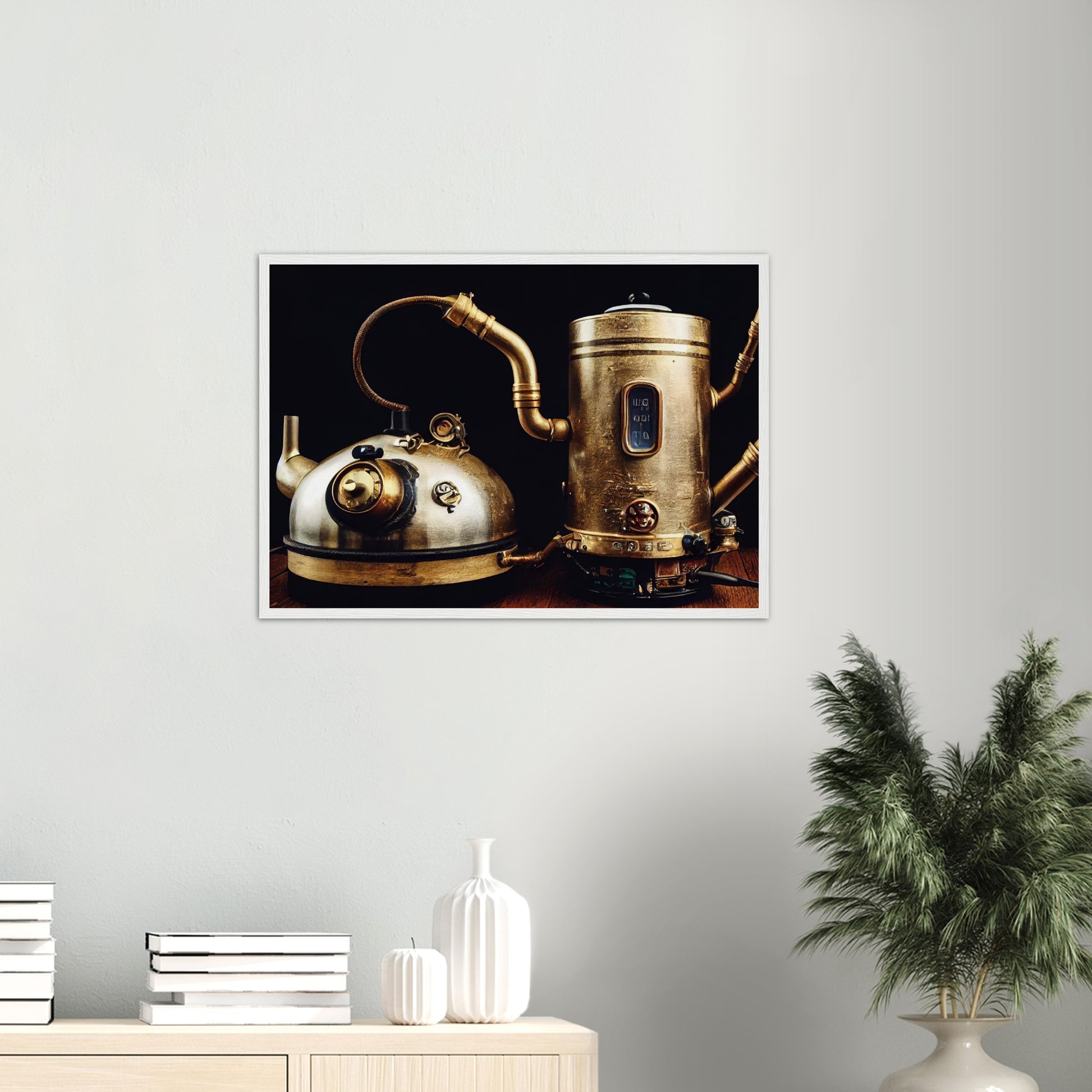 Poster mit Rahmen (Holz) in Museumsqualität - Steampunk - Coffee Maker - No.3 - Collection Cup - Pixelboys - Wandbild - Kunstwerk - Hotelkunst - Kunst auf Postern - Fine Art - Steampunk - Future - Maschine - Poster with frame - Office Poster - Art Brand - Pixelboys - Coffee House - Restaurant Poster - Wall Art - Kunstdruck - Geschenkidee - Kunst auf Acrylglas - Future Coffee Cup - Personalisierbare Tasse - Gastro Tasse - exklusiv - Gastronomie Poster - Hotelposter - Steam Punk Kitchen - 